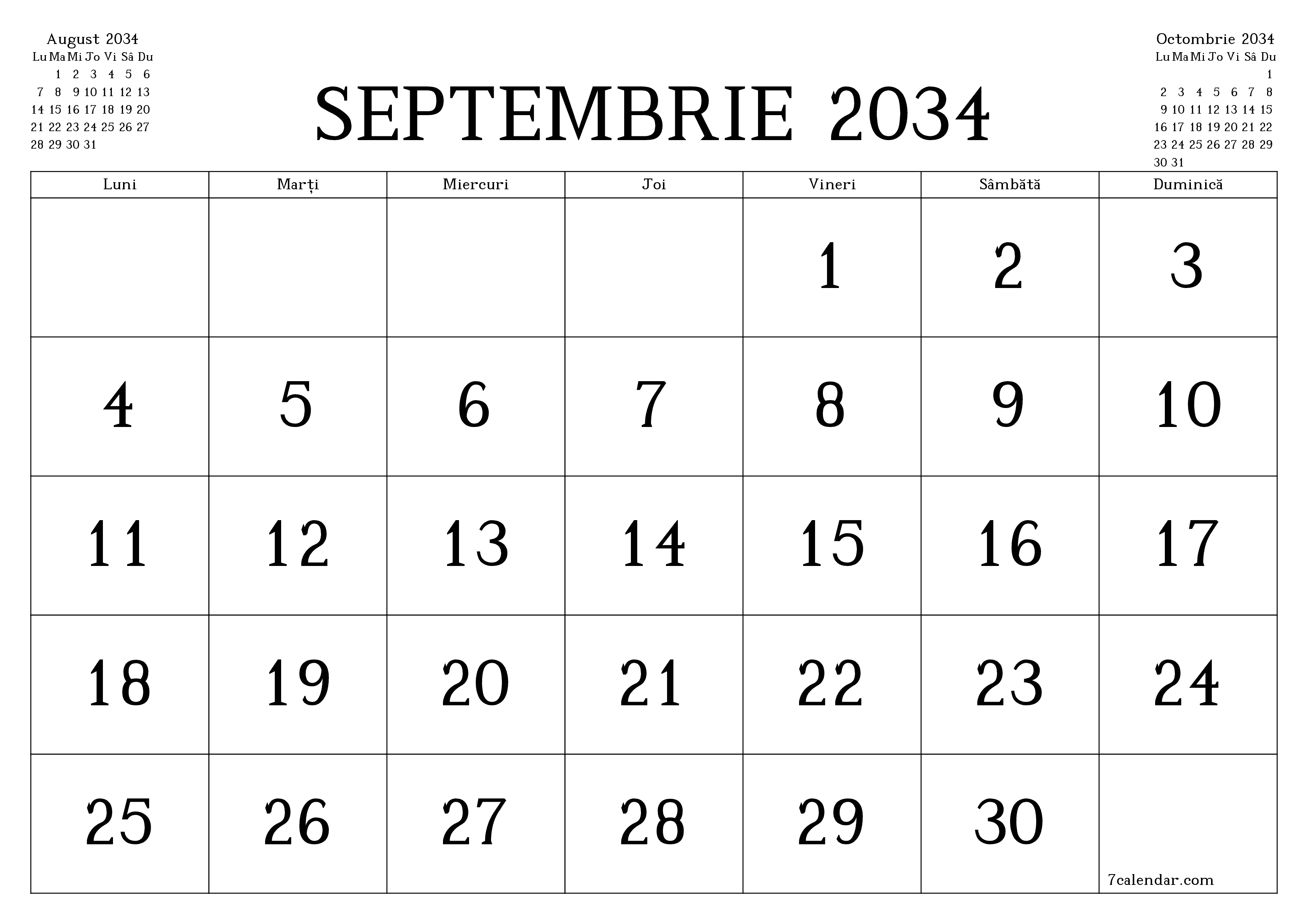 Planificator lunar gol pentru luna Septembrie 2034 cu note, salvați și tipăriți în PDF PNG Romanian