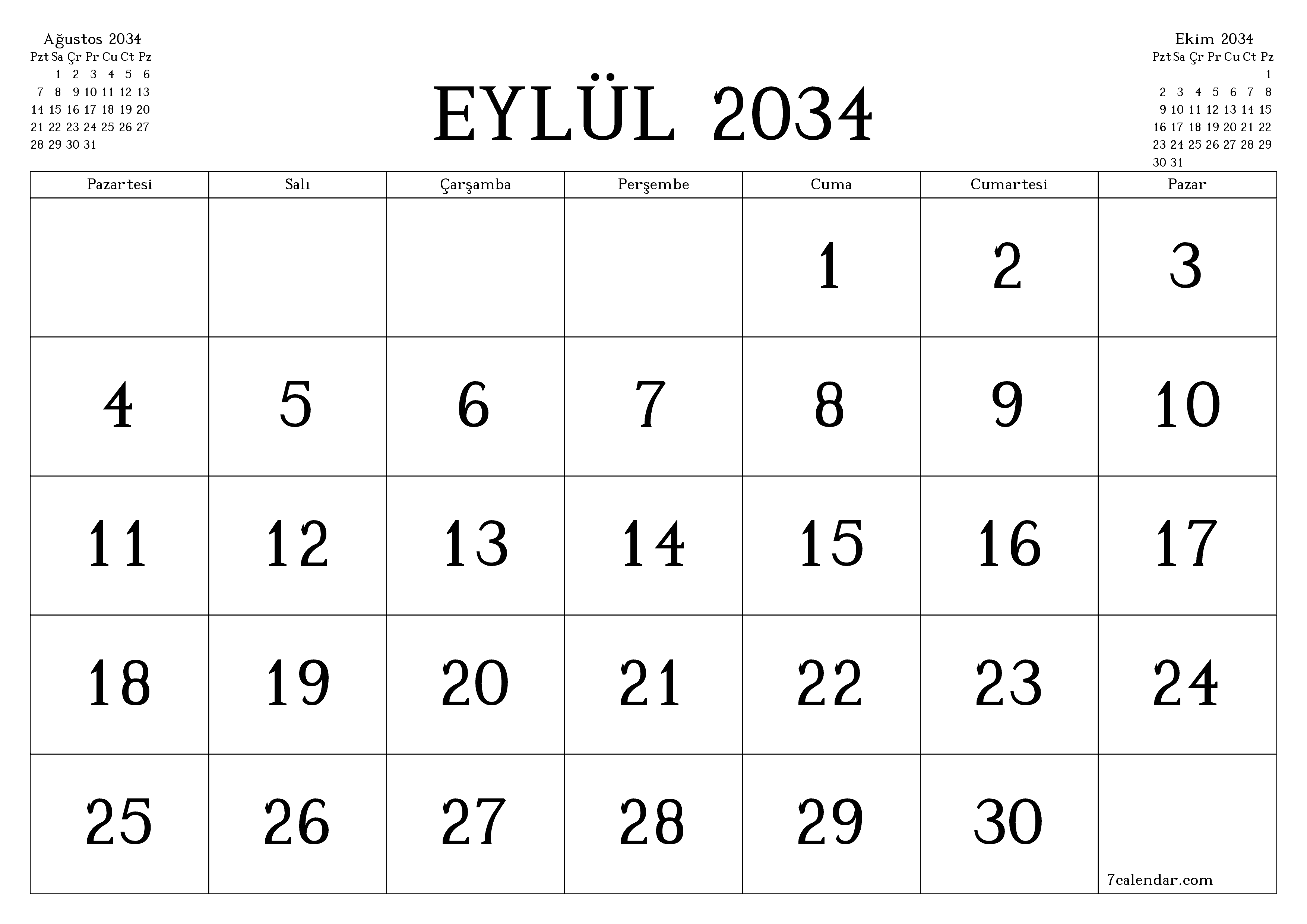 Eylül 2034 ayı için notlarla birlikte boş aylık planlayıcı, kaydedin ve PDF'ye yazdırın PNG Turkish
