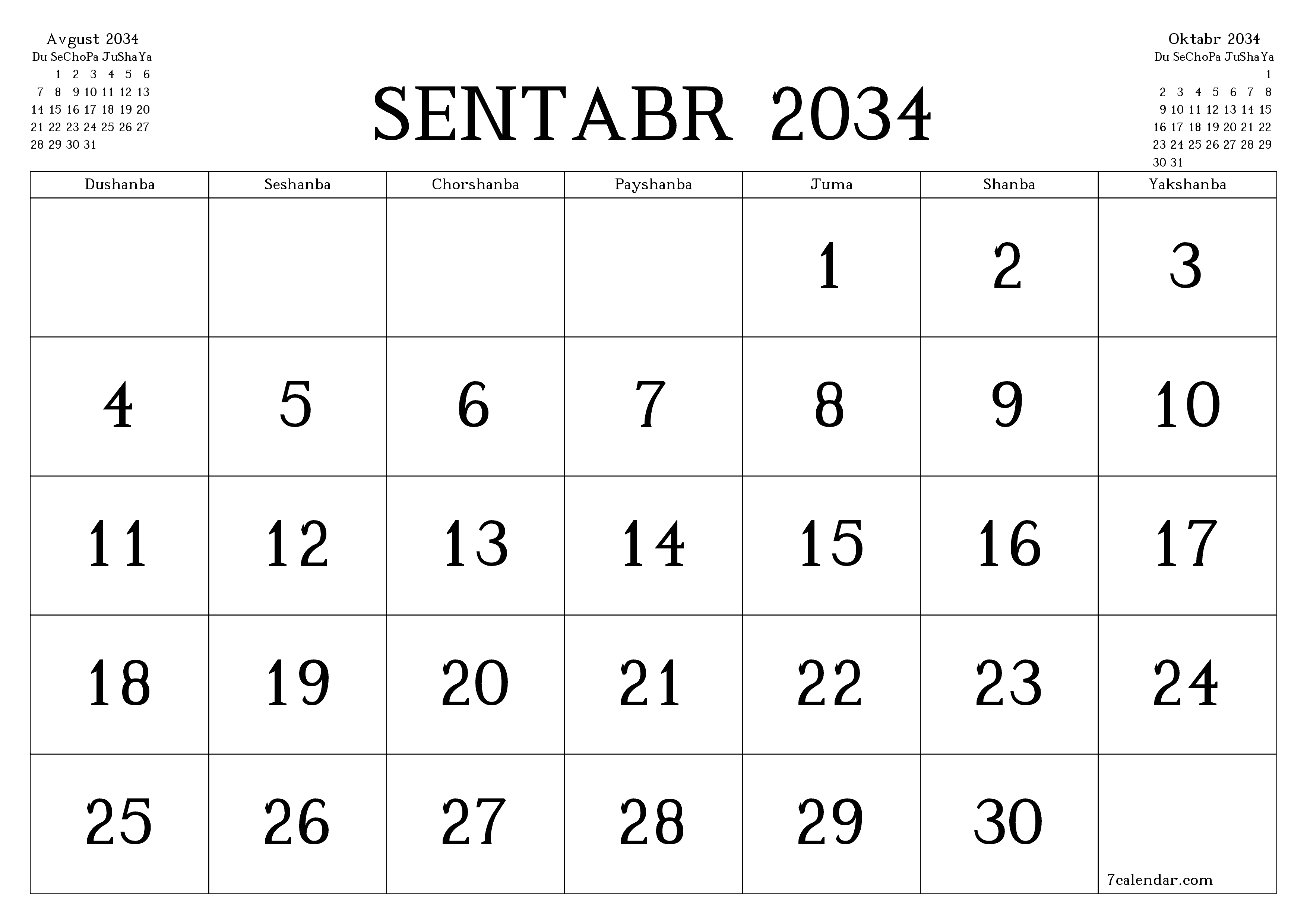 Sentabr 2034 oylik oylik rejalashtiruvchini yozuvlar bilan bo'shatish, saqlash va PDF-ga chop etish PNG Uzbek