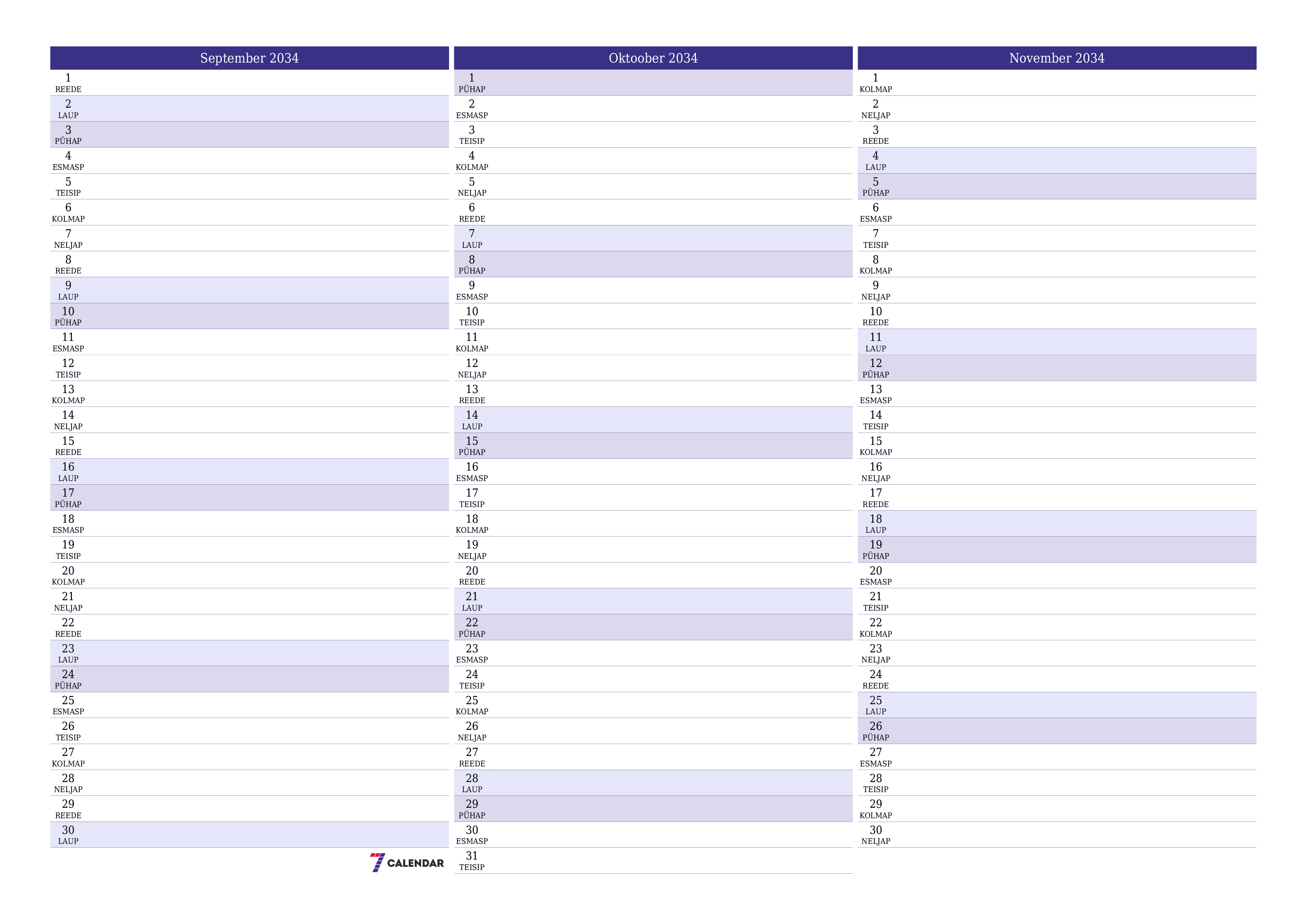 Tühjendage kuu September 2034 kuuplaneerija märkmetega, salvestage ja printige PDF-i PNG Estonian