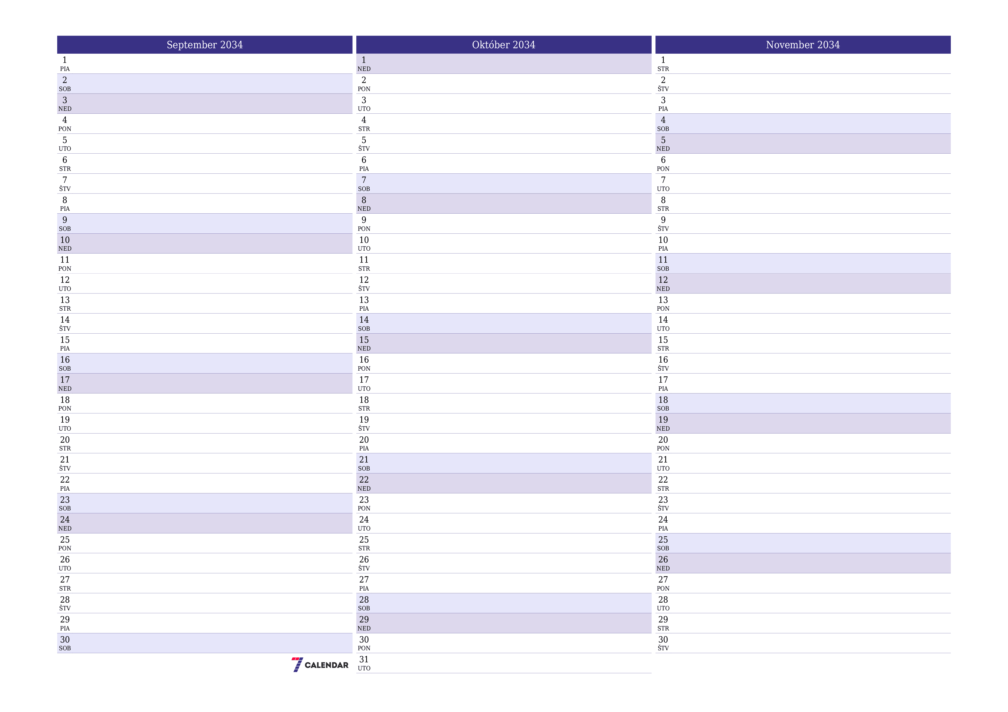 Prázdny mesačný plánovač na mesiac September 2034 s poznámkami, uloženie a tlač do PDF PNG Slovak