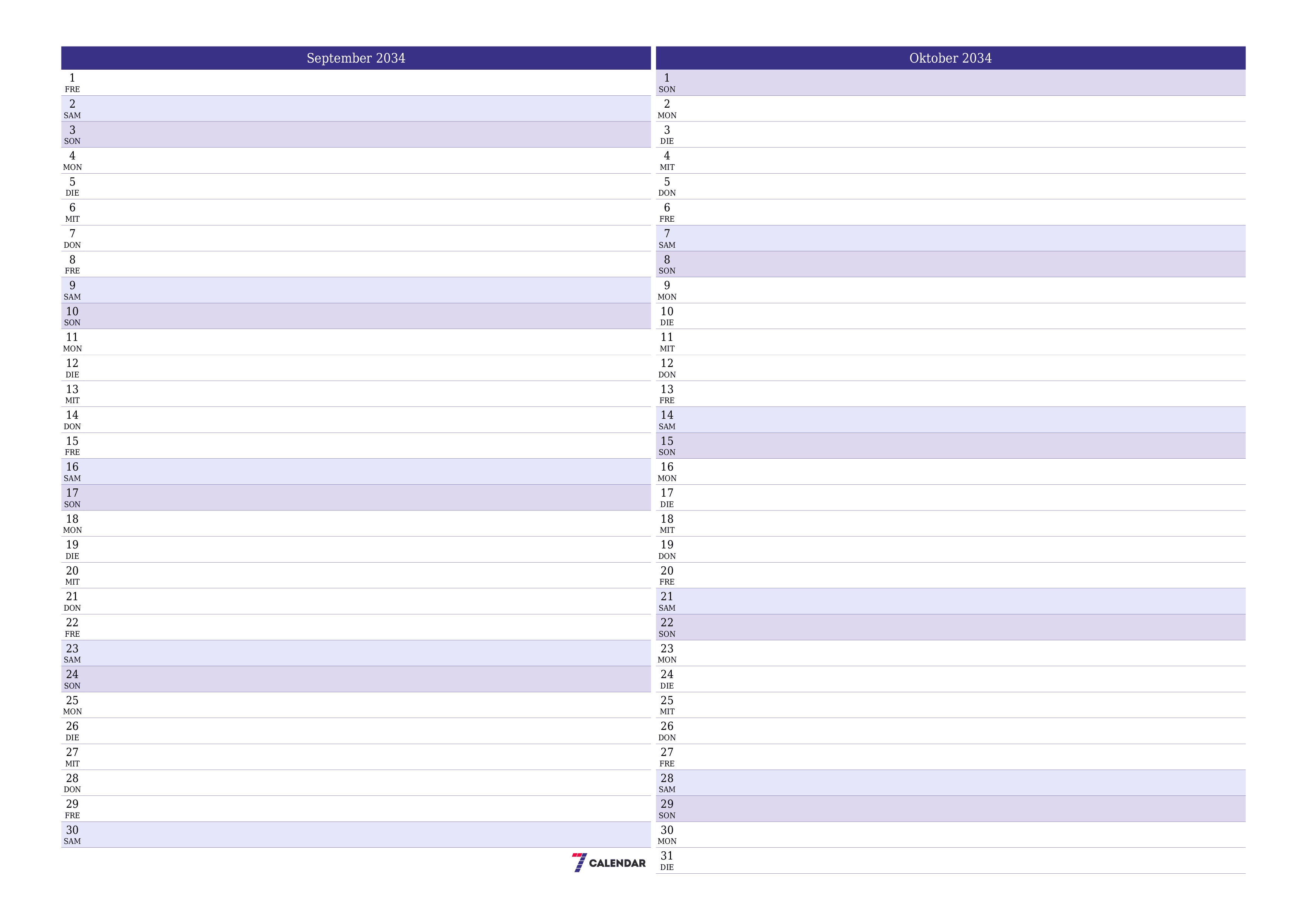 Monatsplaner für Monat September 2034 mit Notizen leeren, speichern und als PDF PNG German - 7calendar.com drucken