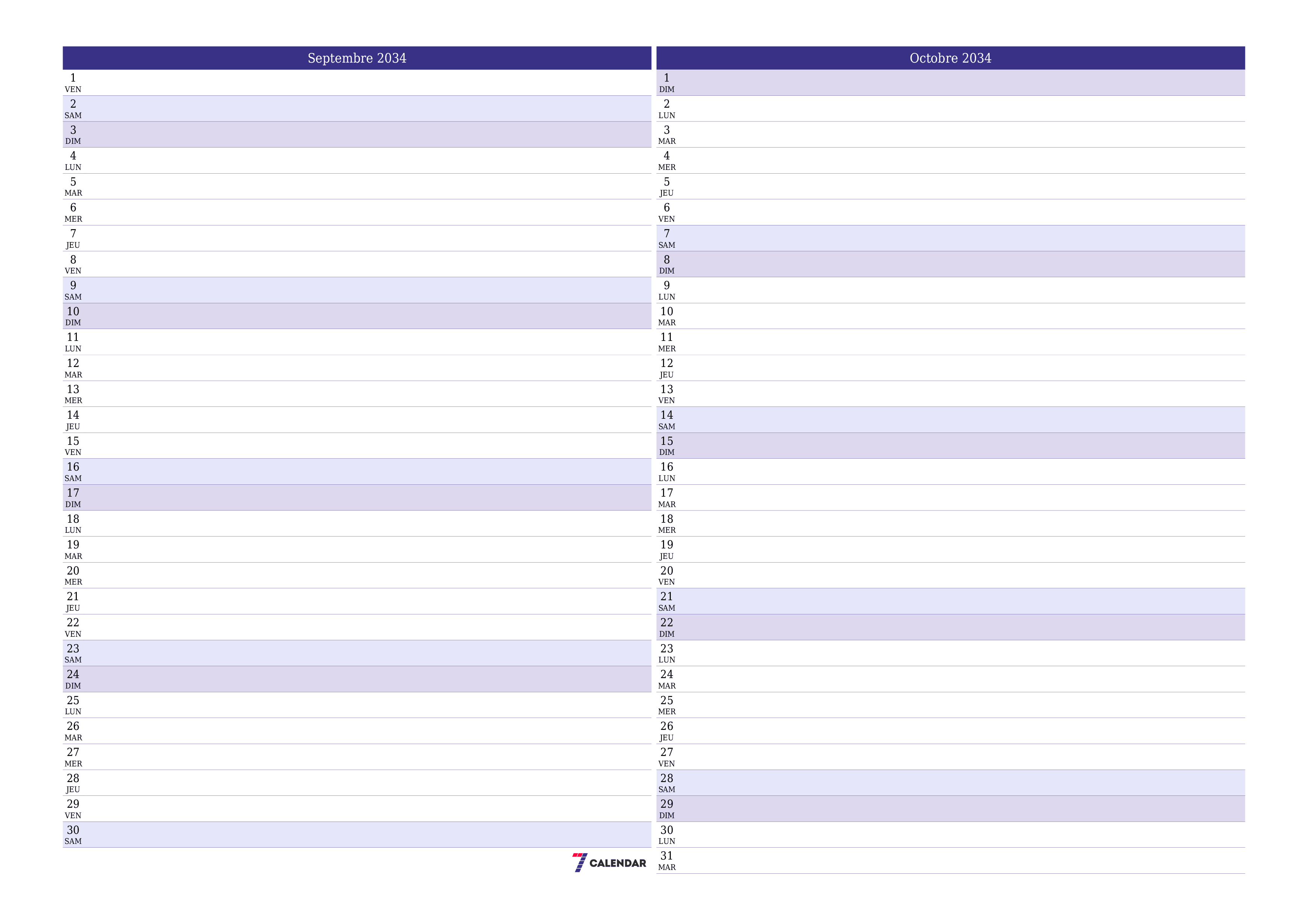Agenda mensuel vide pour le mois Septembre 2034 avec notes, enregistrez et imprimez au format PDF PNG French