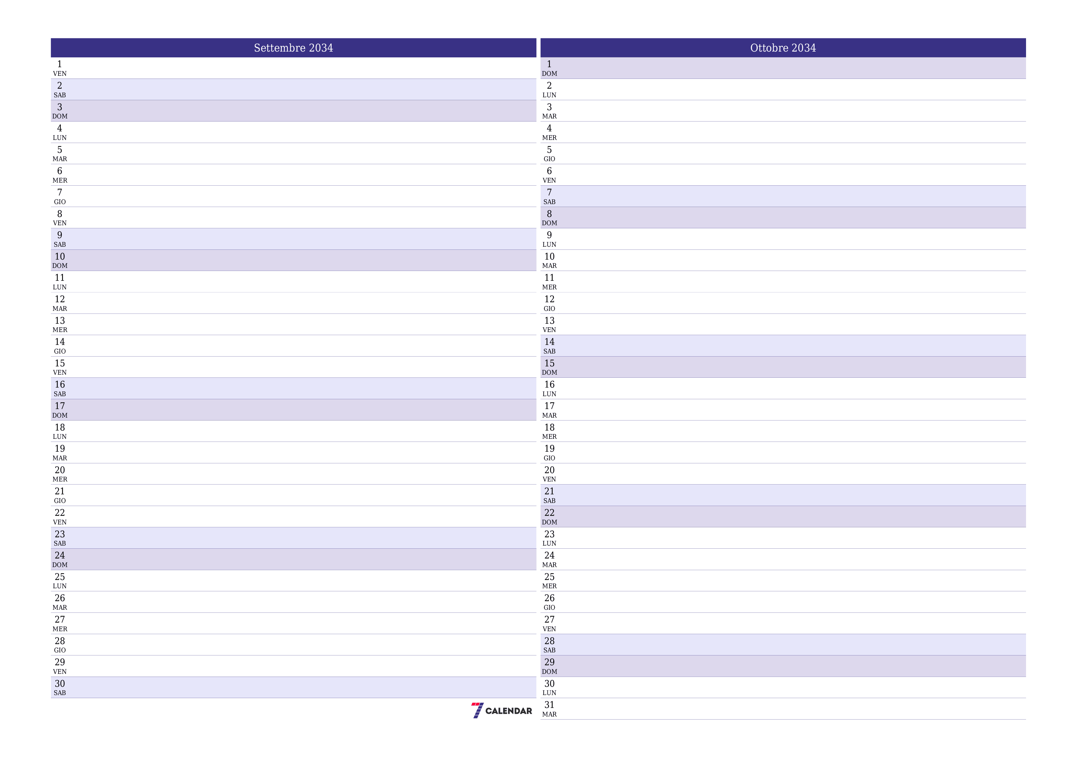 Pianificatore mensile vuoto per il mese Settembre 2034 con note, salva e stampa in PDF PNG Italian
