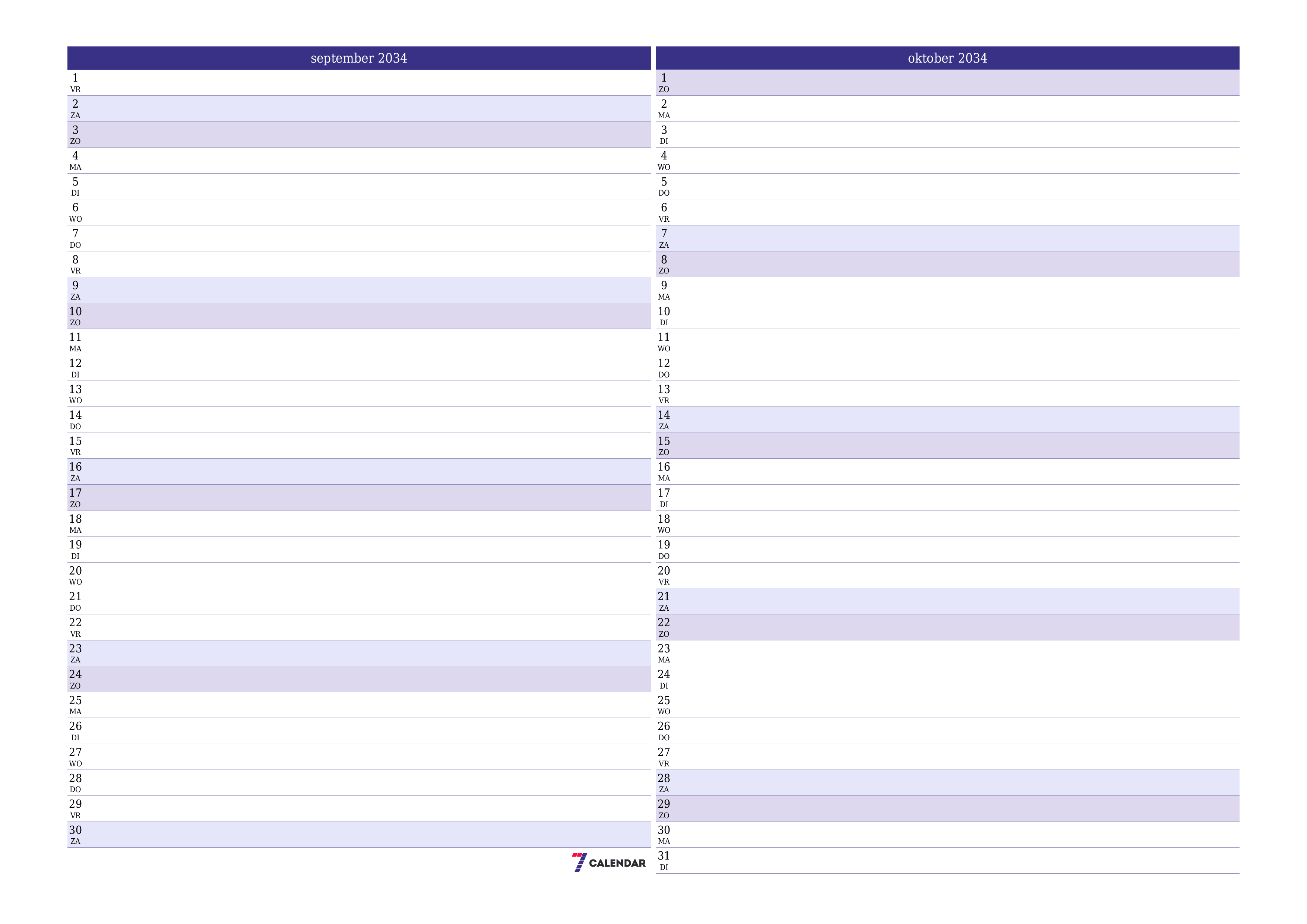 Lege maandplanner voor maand september 2034 met notities, opslaan en afdrukken naar pdf PNG Dutch