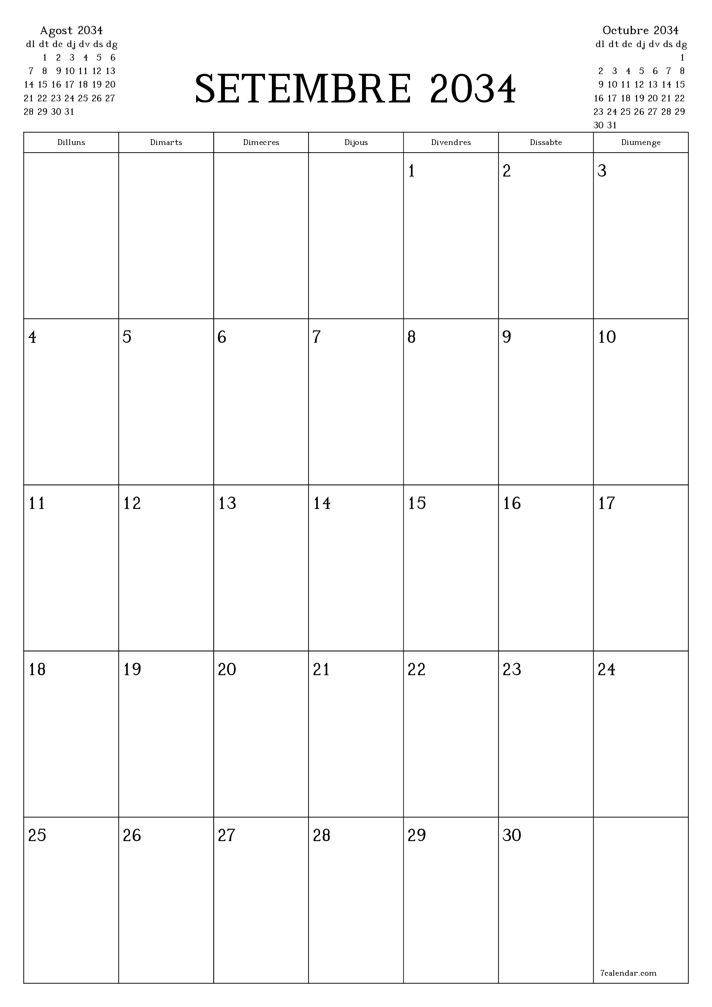  imprimible de paret plantilla de gratuïtvertical Mensual planificador calendari Setembre (Set) 2034