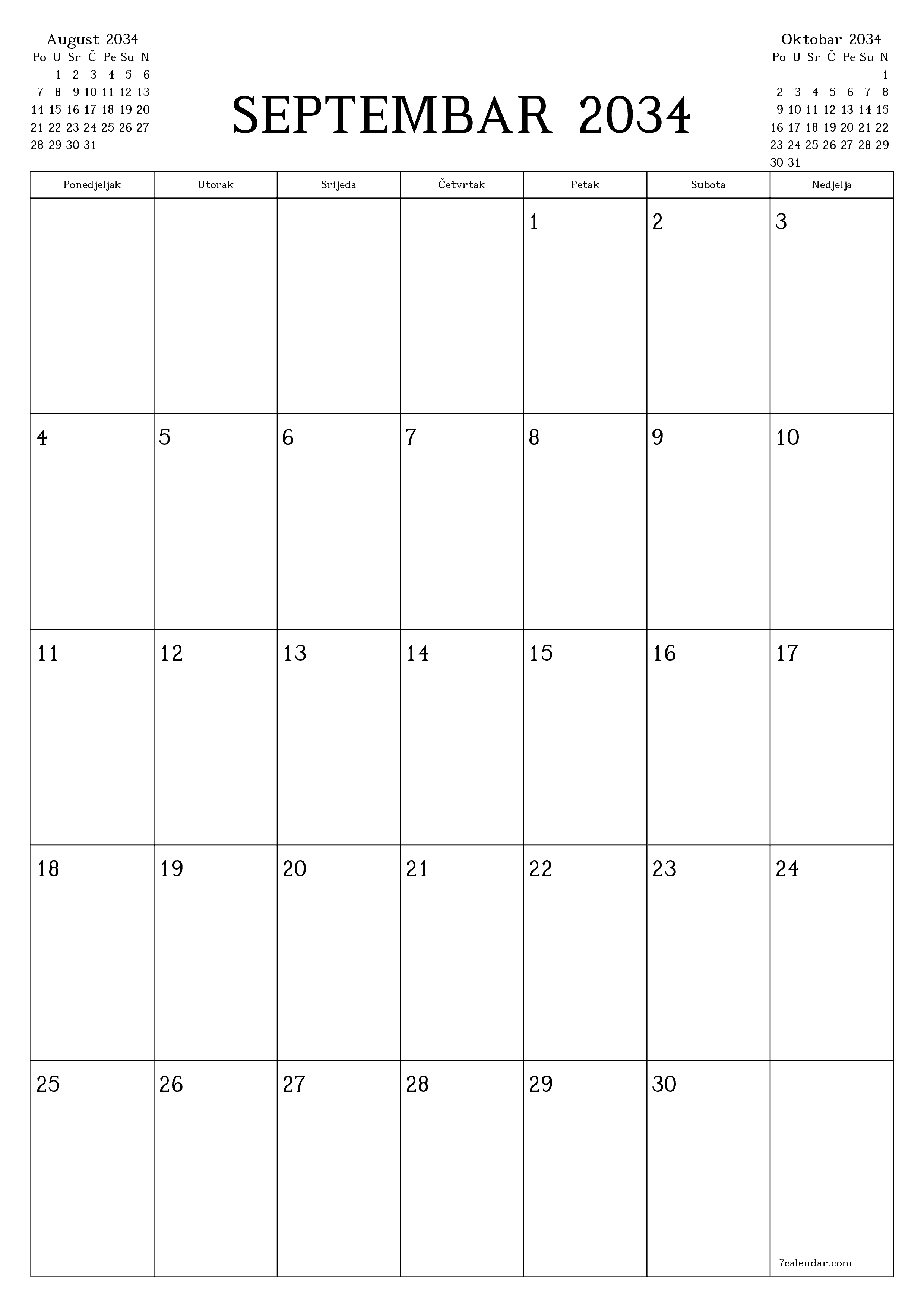  za štampanje zidni šablon a besplatni vertikalno Mjesečno planer kalendar Septembar (Sep) 2034
