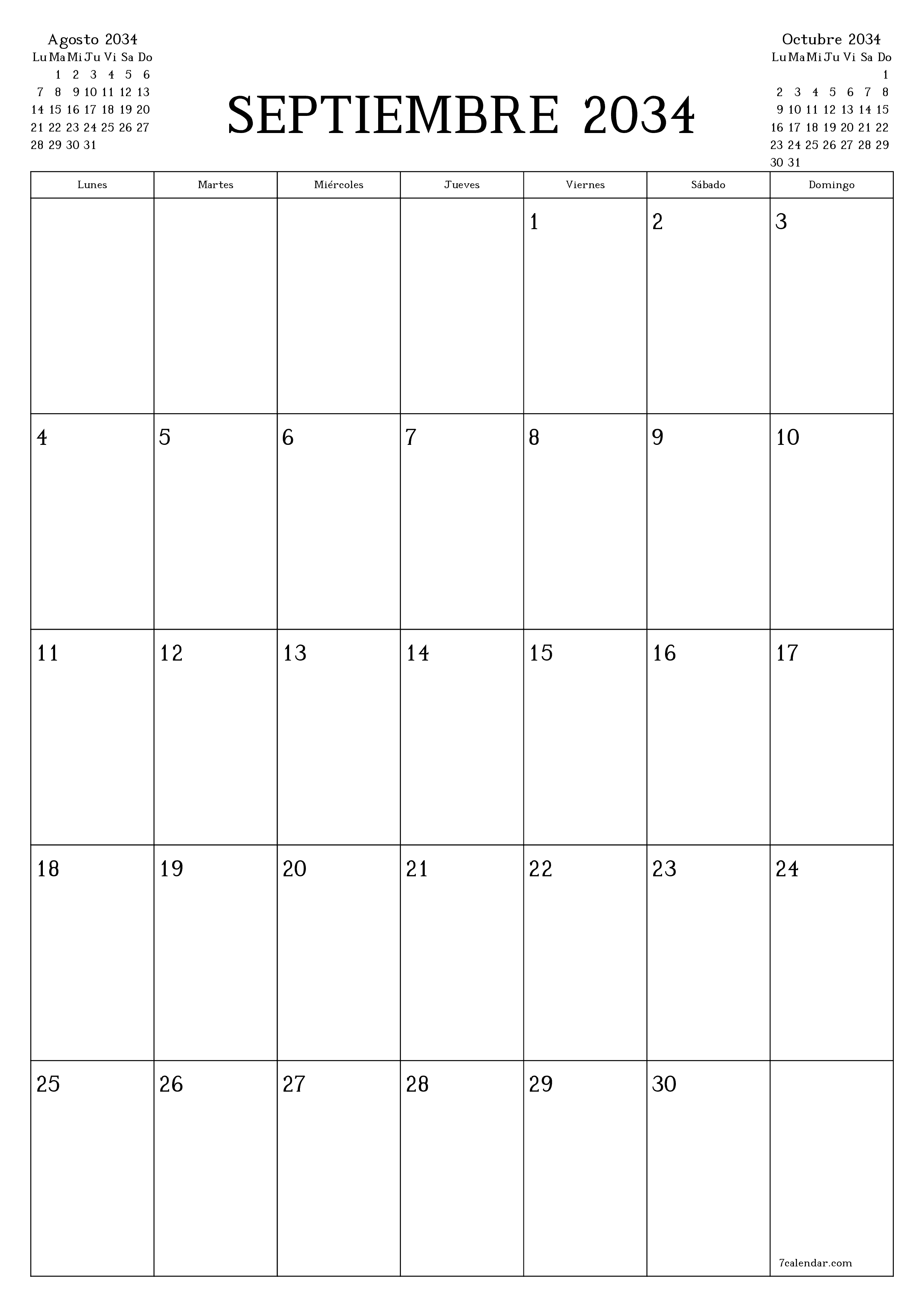  imprimible de pared plantilla de gratisvertical Mensual planificador calendario Septiembre (Sep) 2034