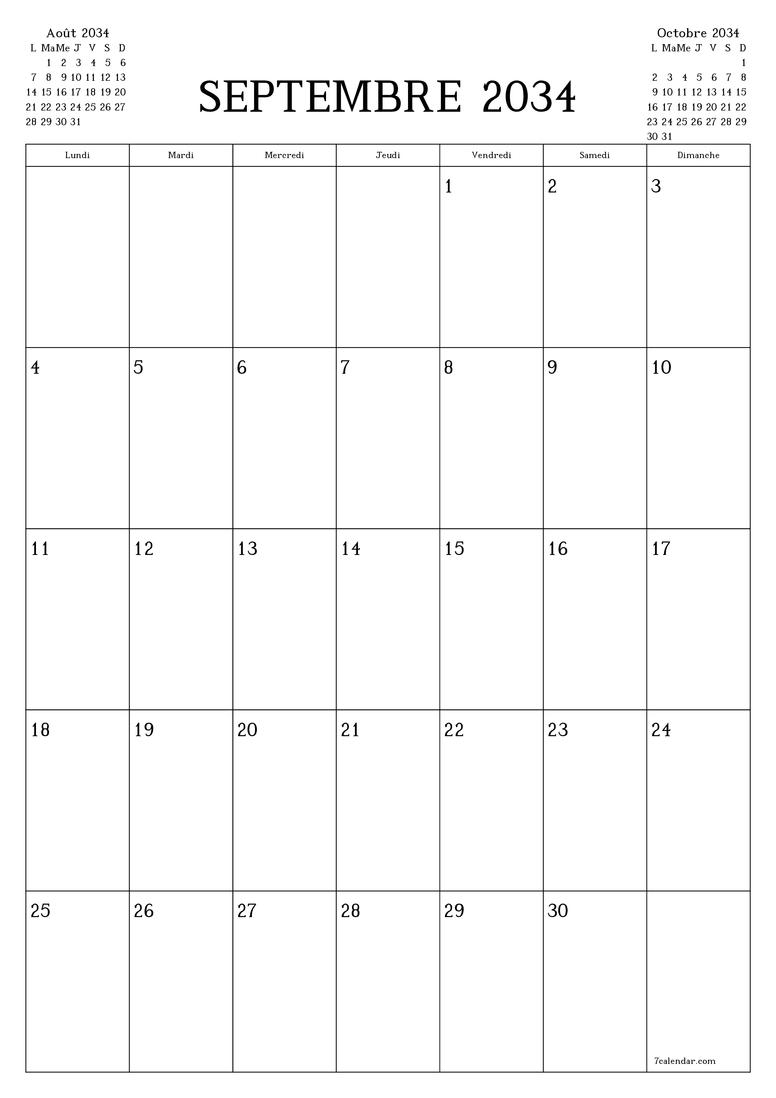  imprimable mural modèle de gratuitverticale Mensuel planificateur calendrier Septembre (Sep) 2034