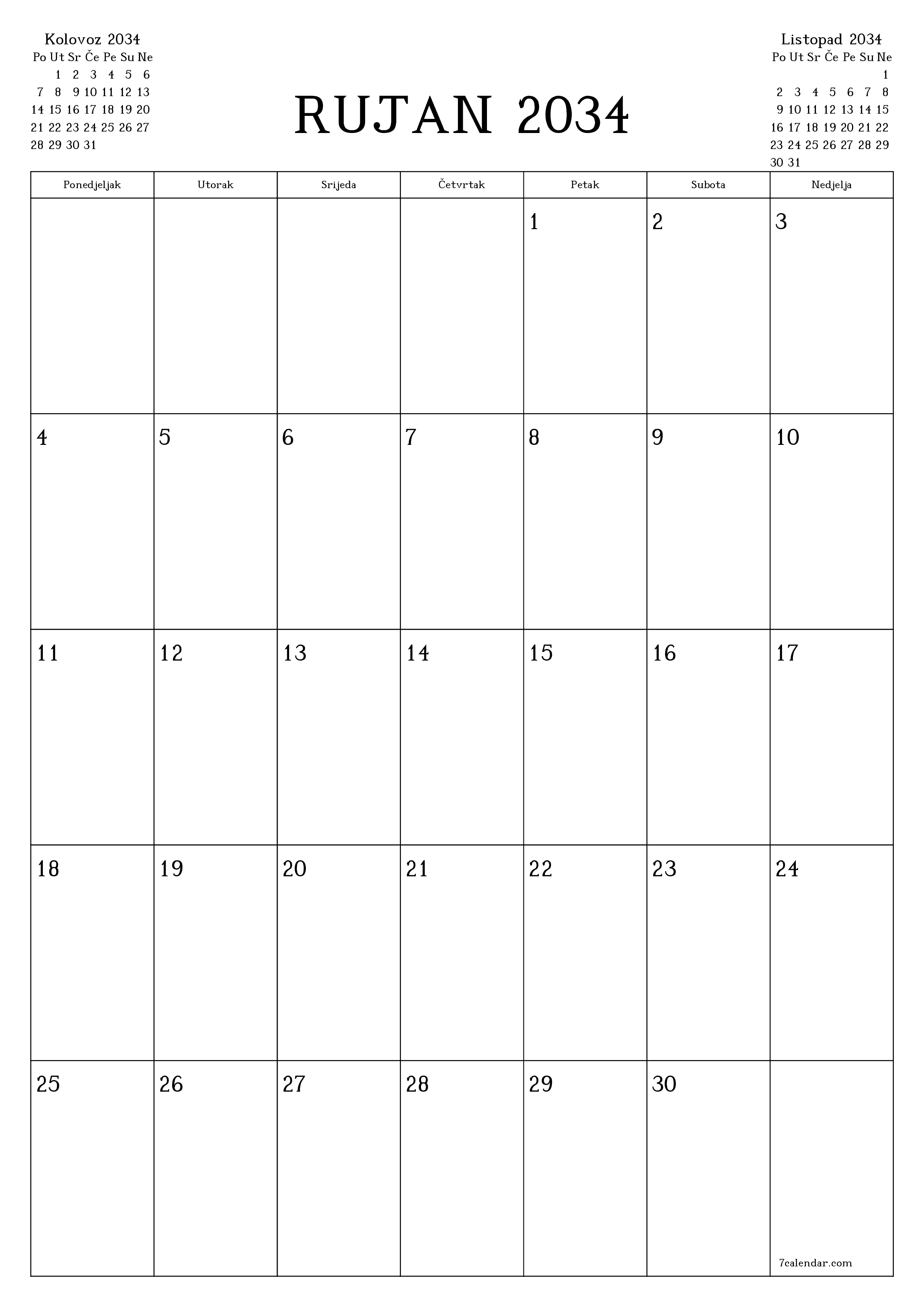  za ispis zidni predložak a besplatni okomito Mjesečni planer kalendar Rujan (Ruj) 2034