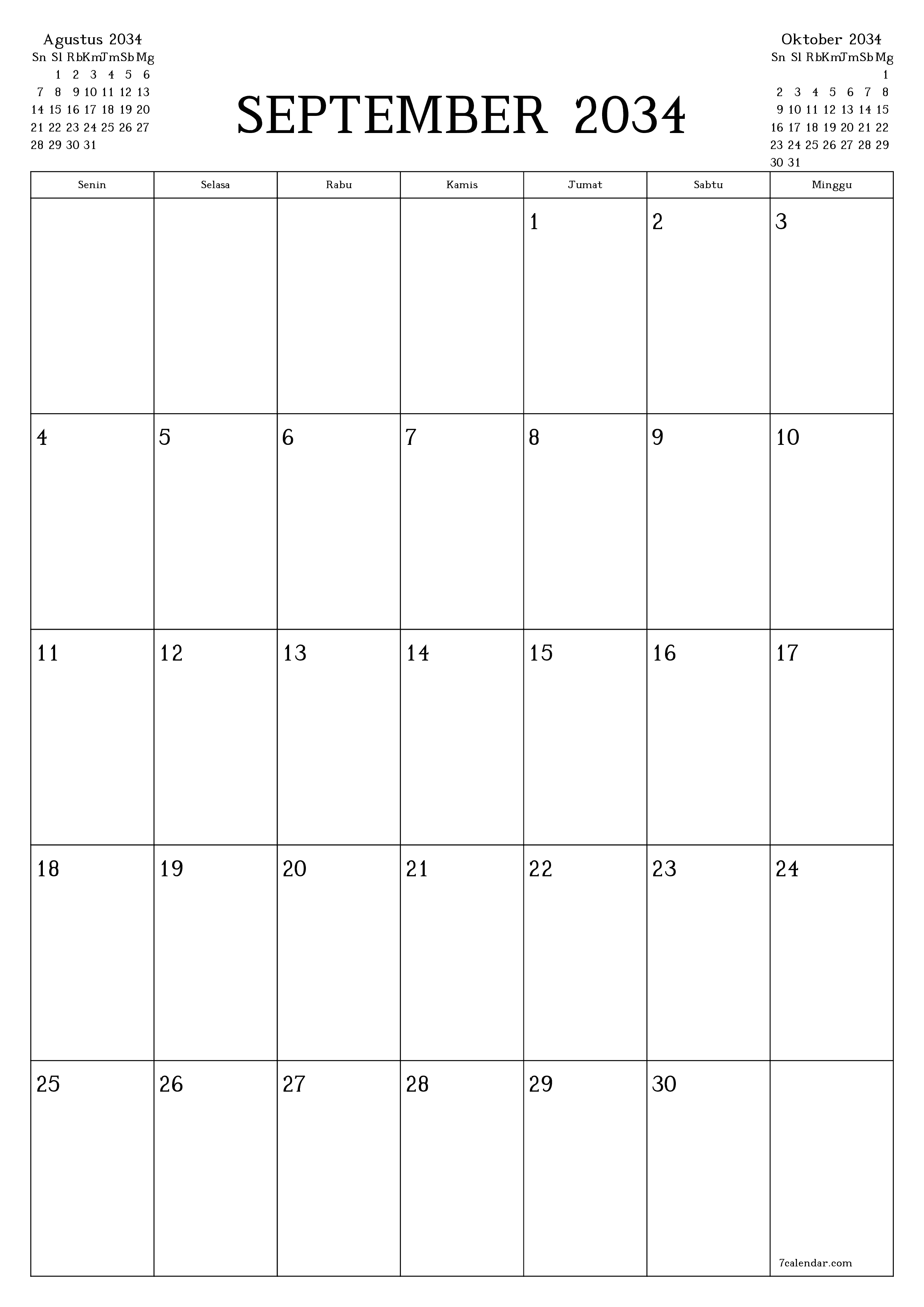  yang dapat dicetak dinding templat gratisvertikal Bulanan perencana kalender September (Sep) 2034