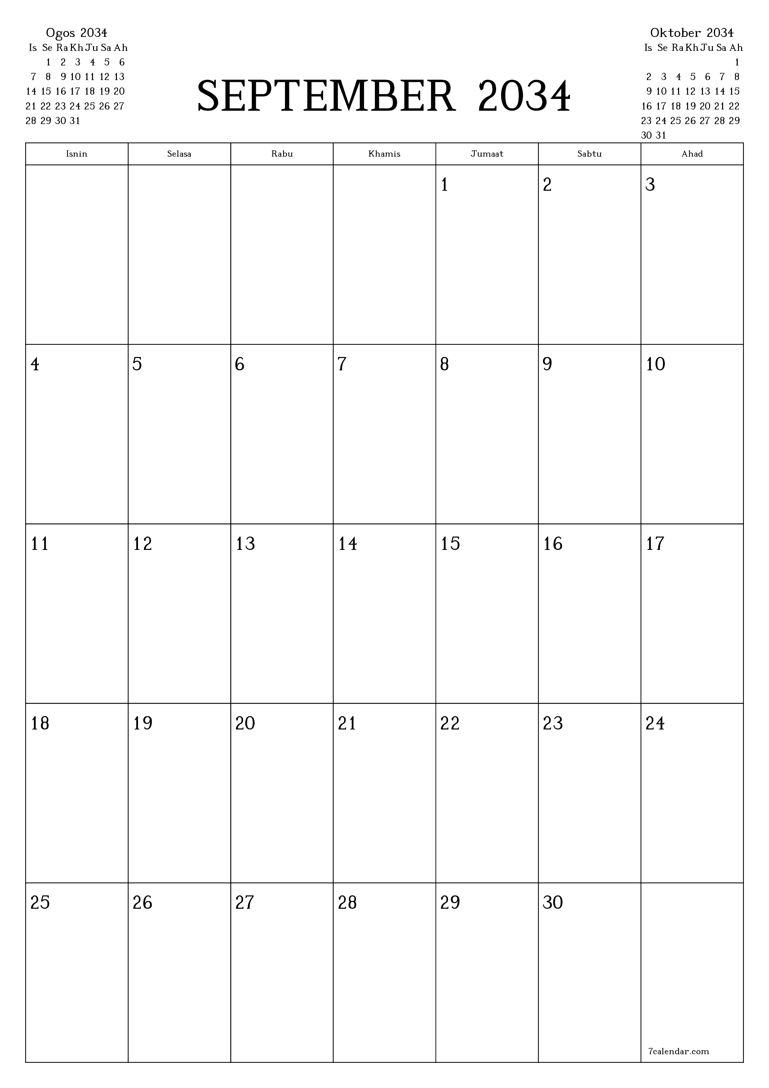  boleh cetak dinding templat percumamenegak Bulanan perancang kalendar September (Sep) 2034