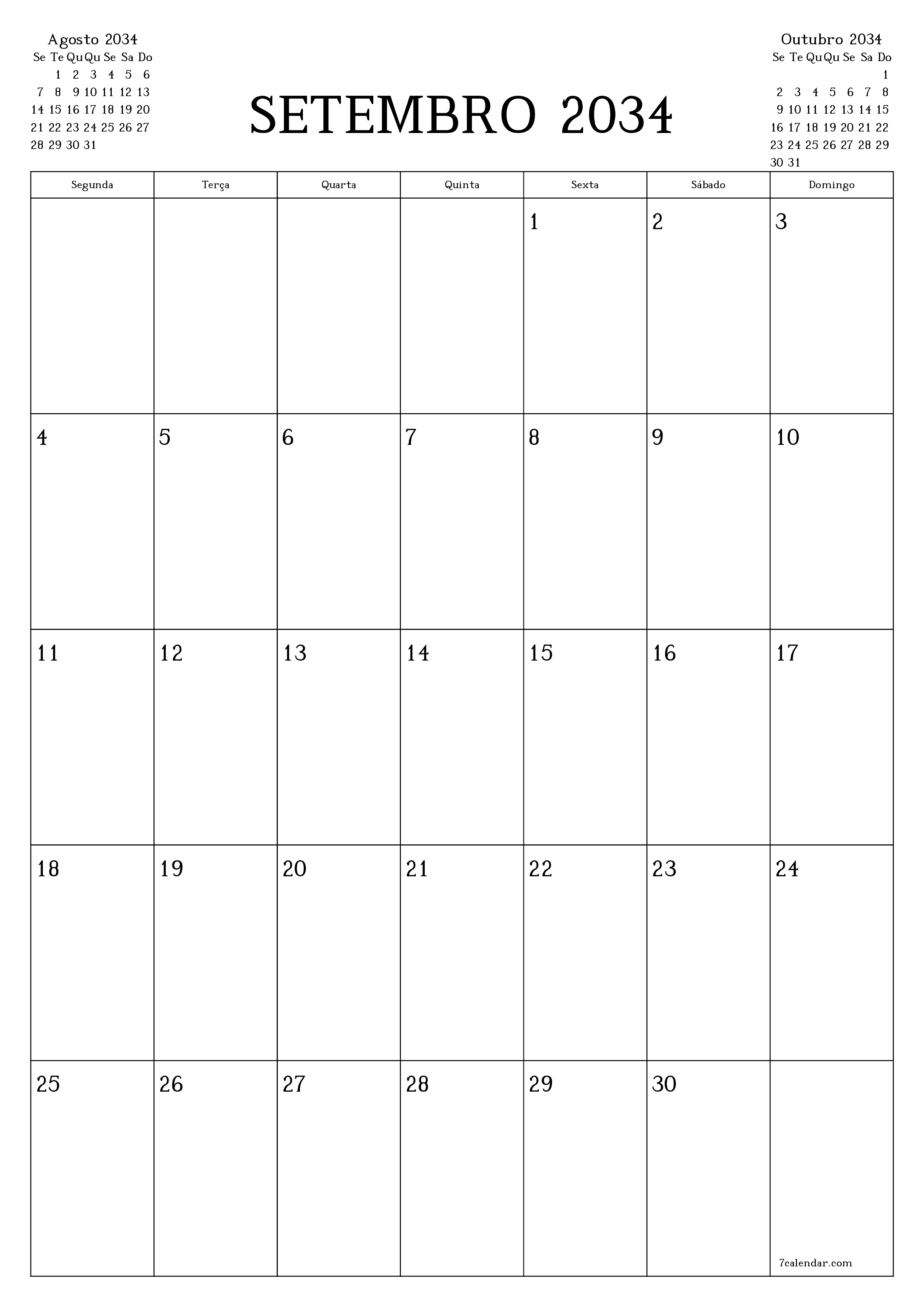  para impressão de parede modelo de grátisvertical Mensal planejador calendário Setembro (Set) 2034