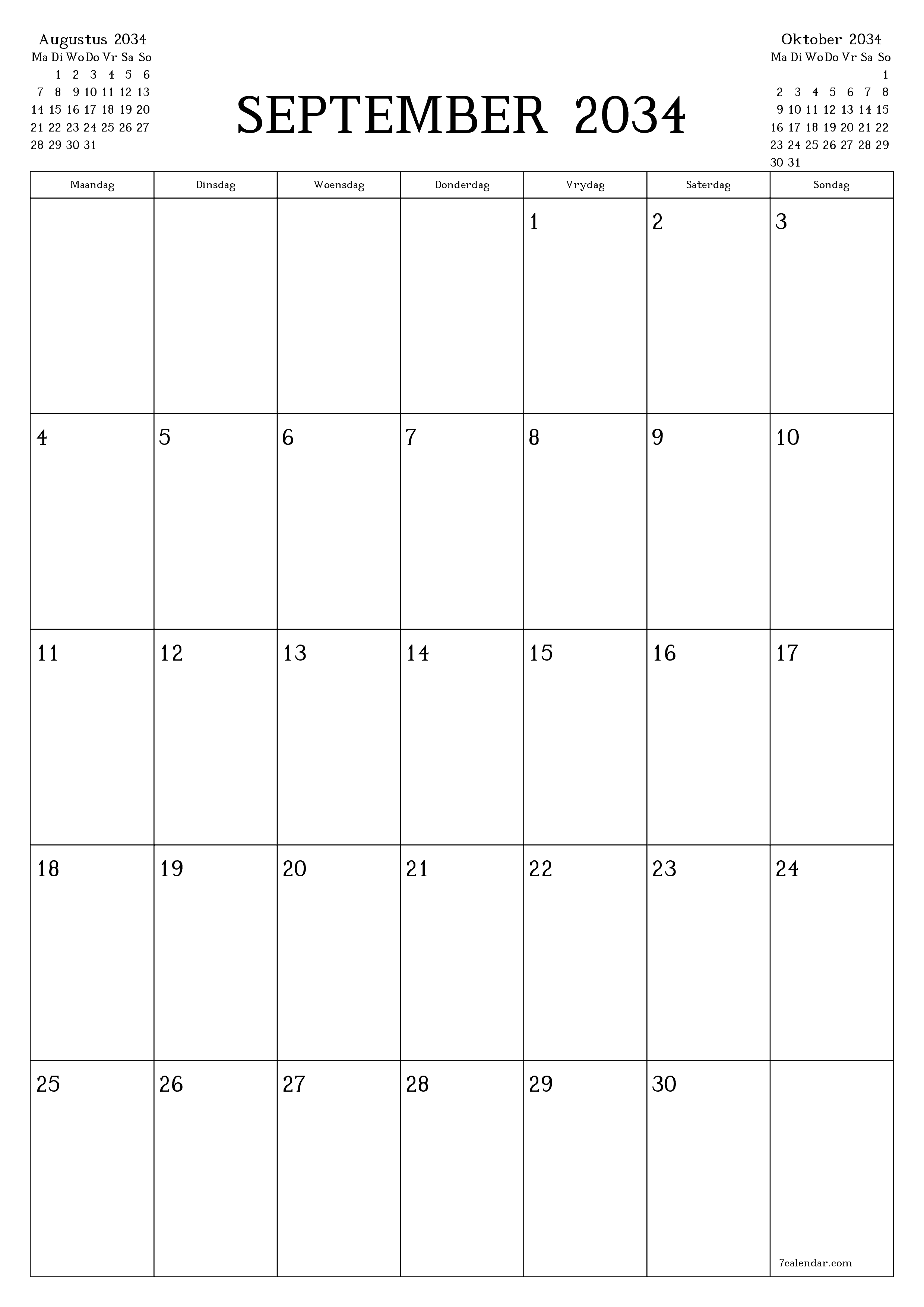 drukbare muur template gratis vertikaal Maandeliks beplanner kalender September (Sep) 2034
