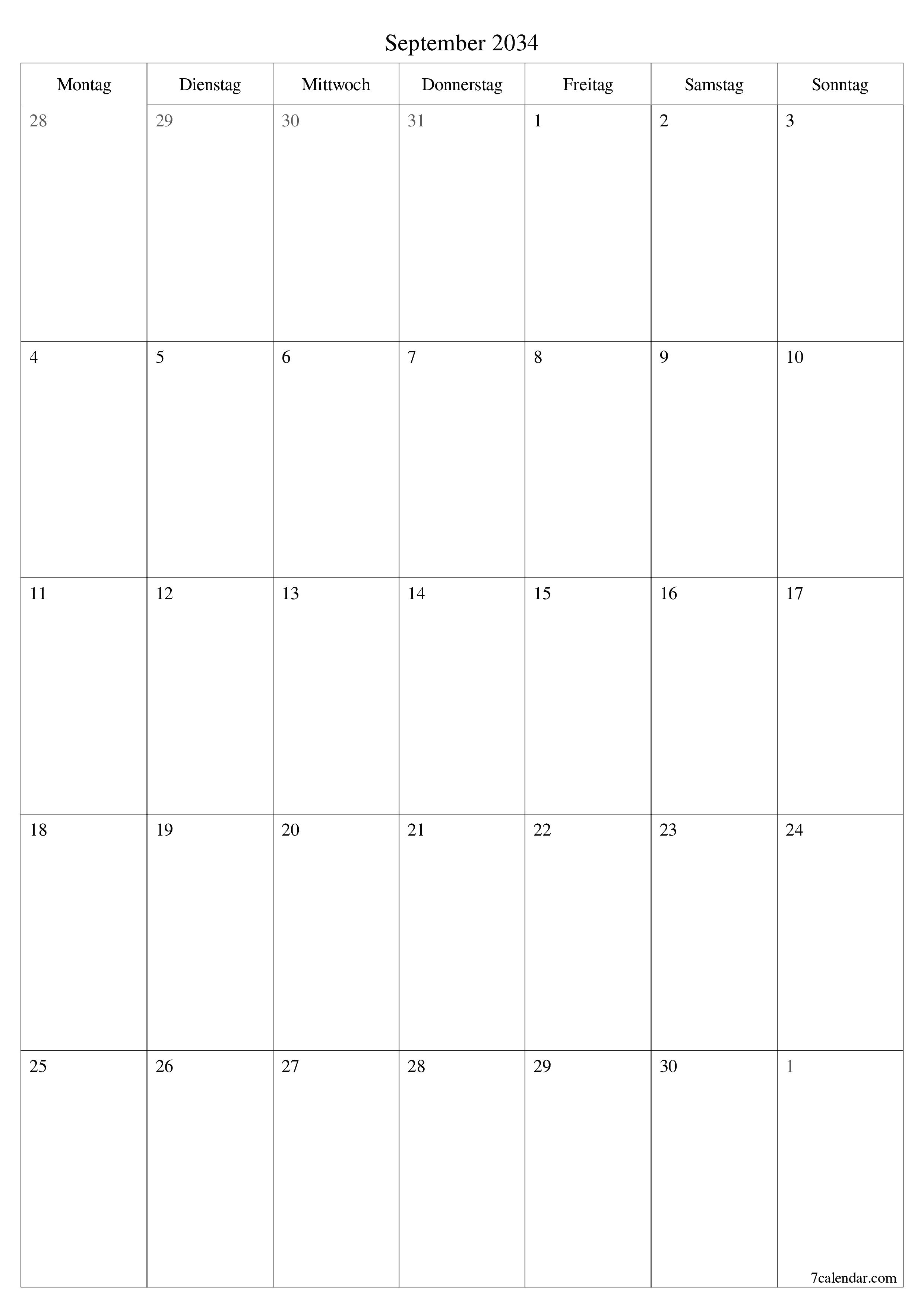  zum Ausdrucken Wandkalender vorlage kostenloser vertikal Monatlich Planer Kalender September (Sep) 2034