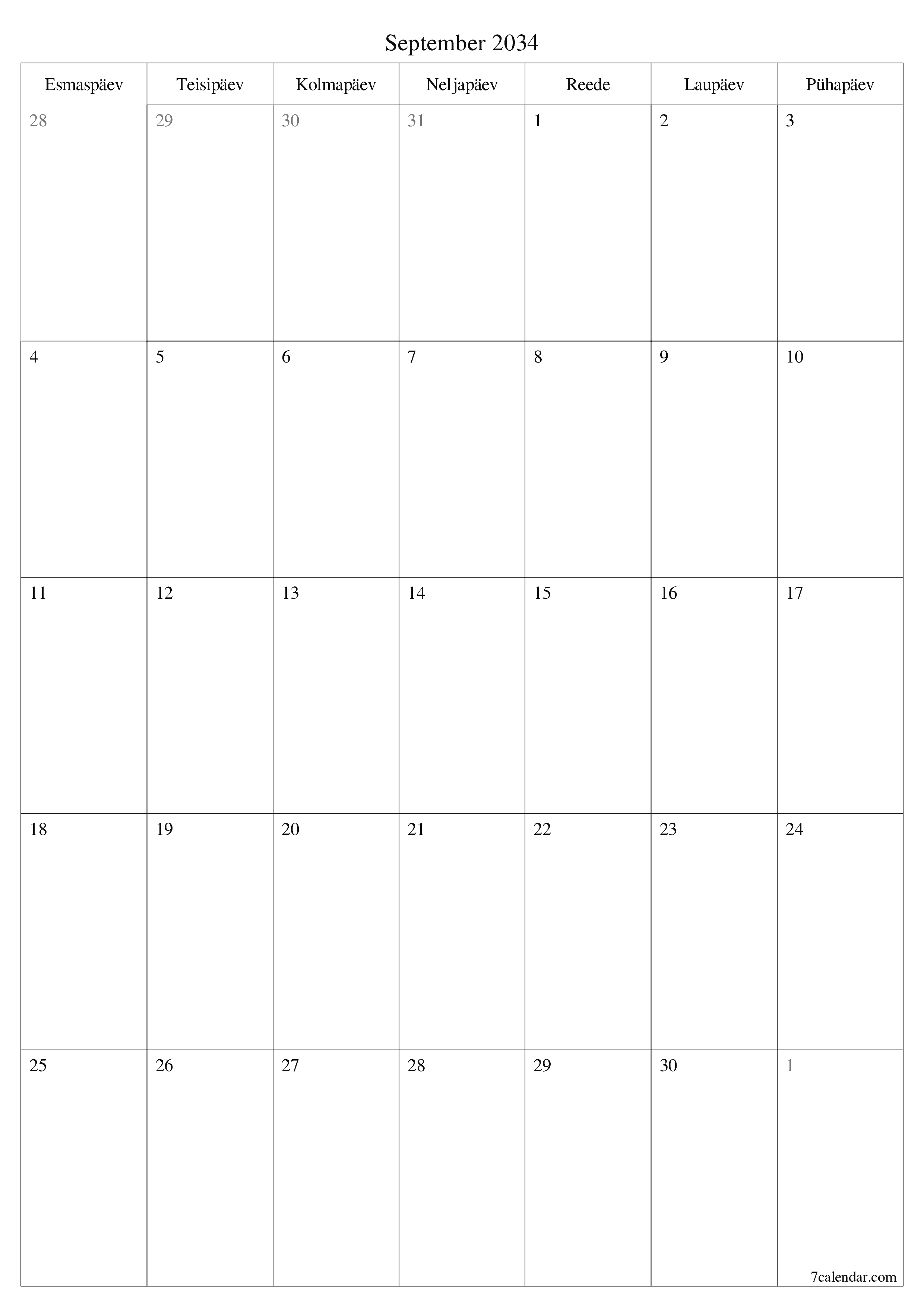 prinditav seina kalendri mall tasuta vertikaalne Igakuine planeerija kalender September (Sept) 2034
