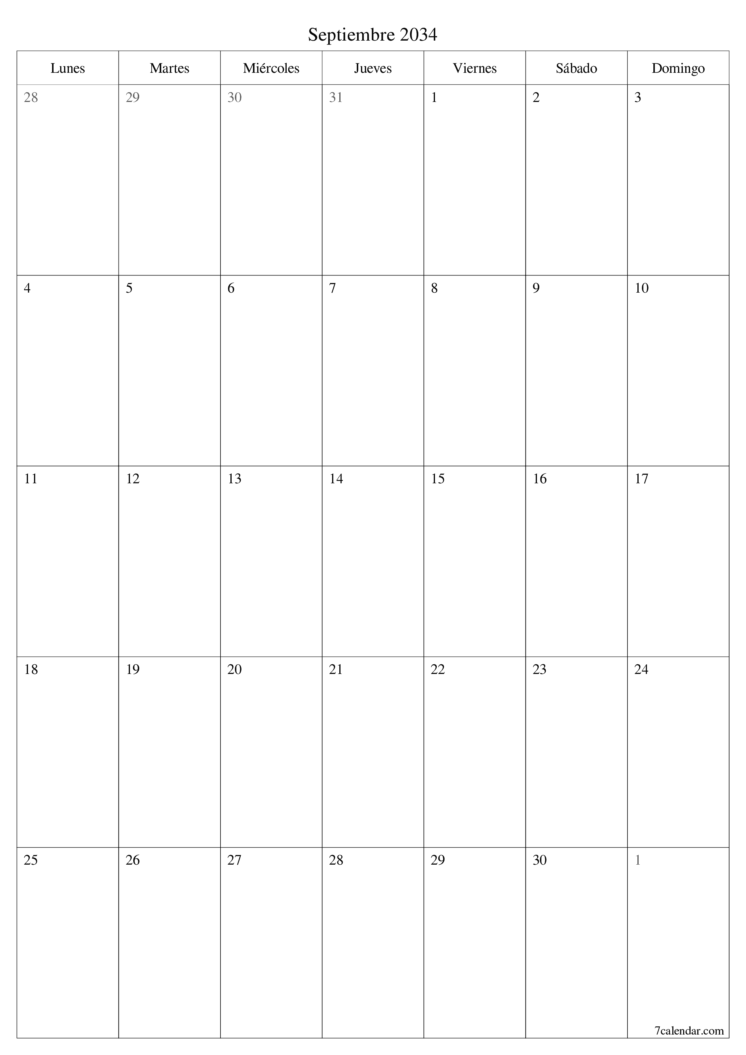  imprimible de pared plantilla de gratisvertical Mensual planificador calendario Septiembre (Sep) 2034
