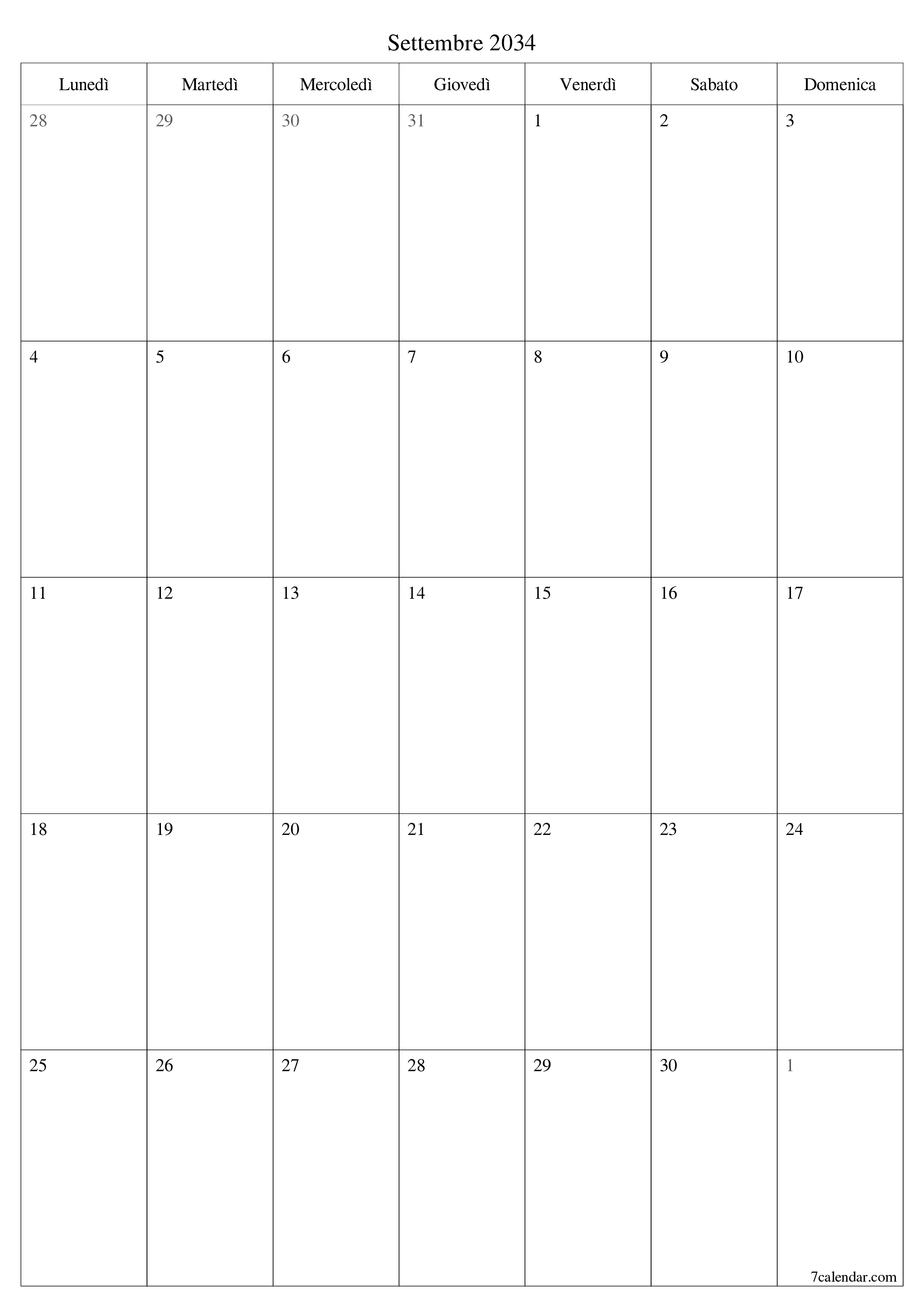  stampabile da parete modello di gratuitoverticale Mensile pianificatore calendario Settembre (Set) 2034