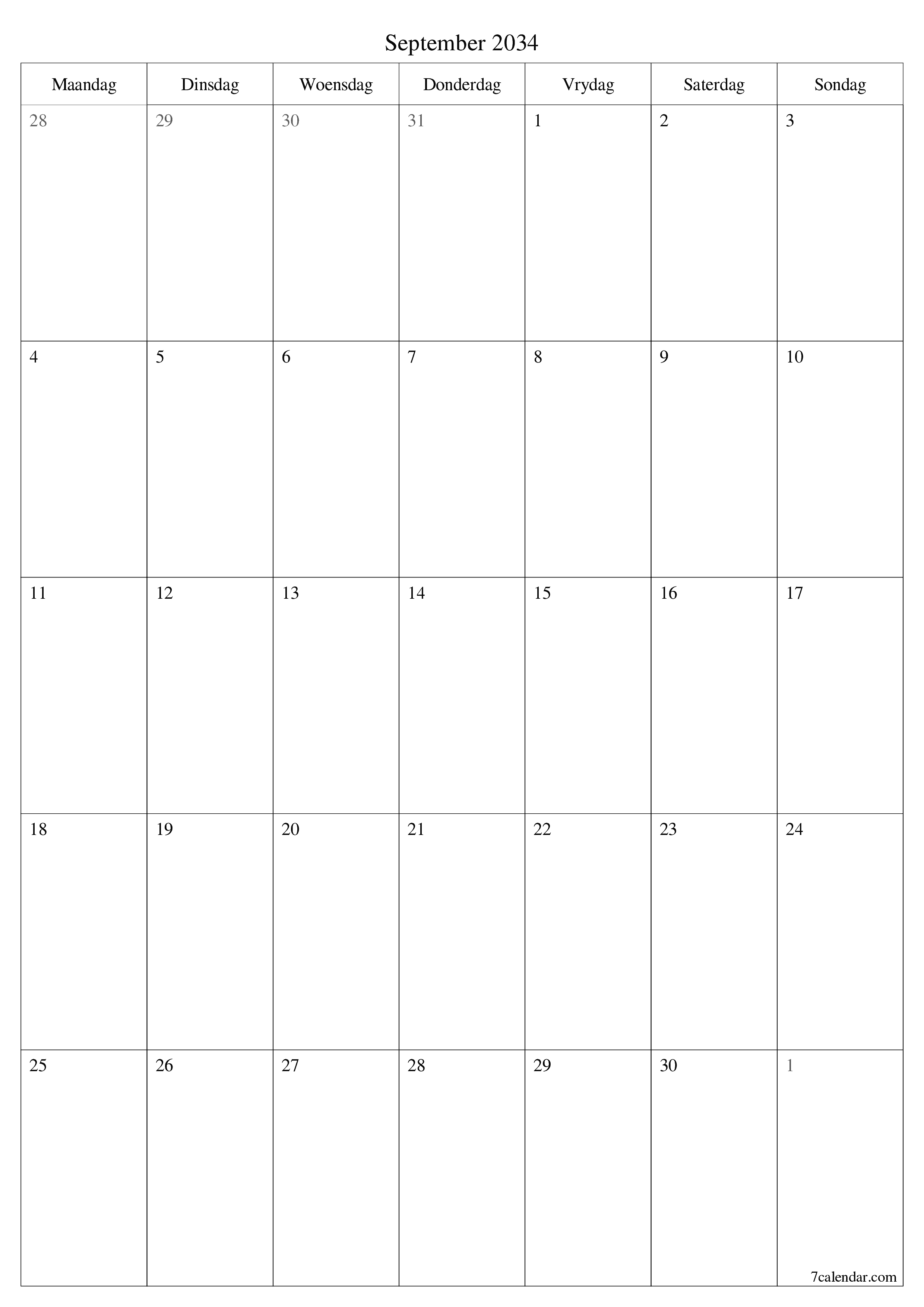 drukbare muur template gratis vertikaal Maandeliks beplanner kalender September (Sep) 2034