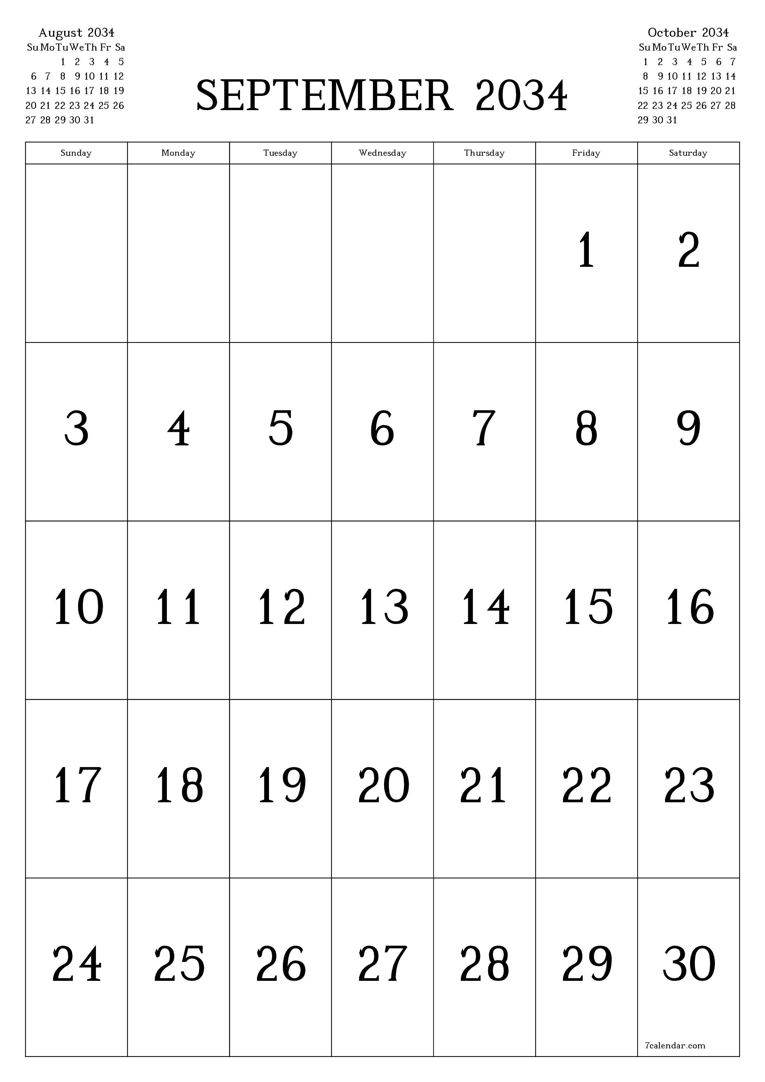 printable wall template free vertical Monthly calendar September (Sep) 2034