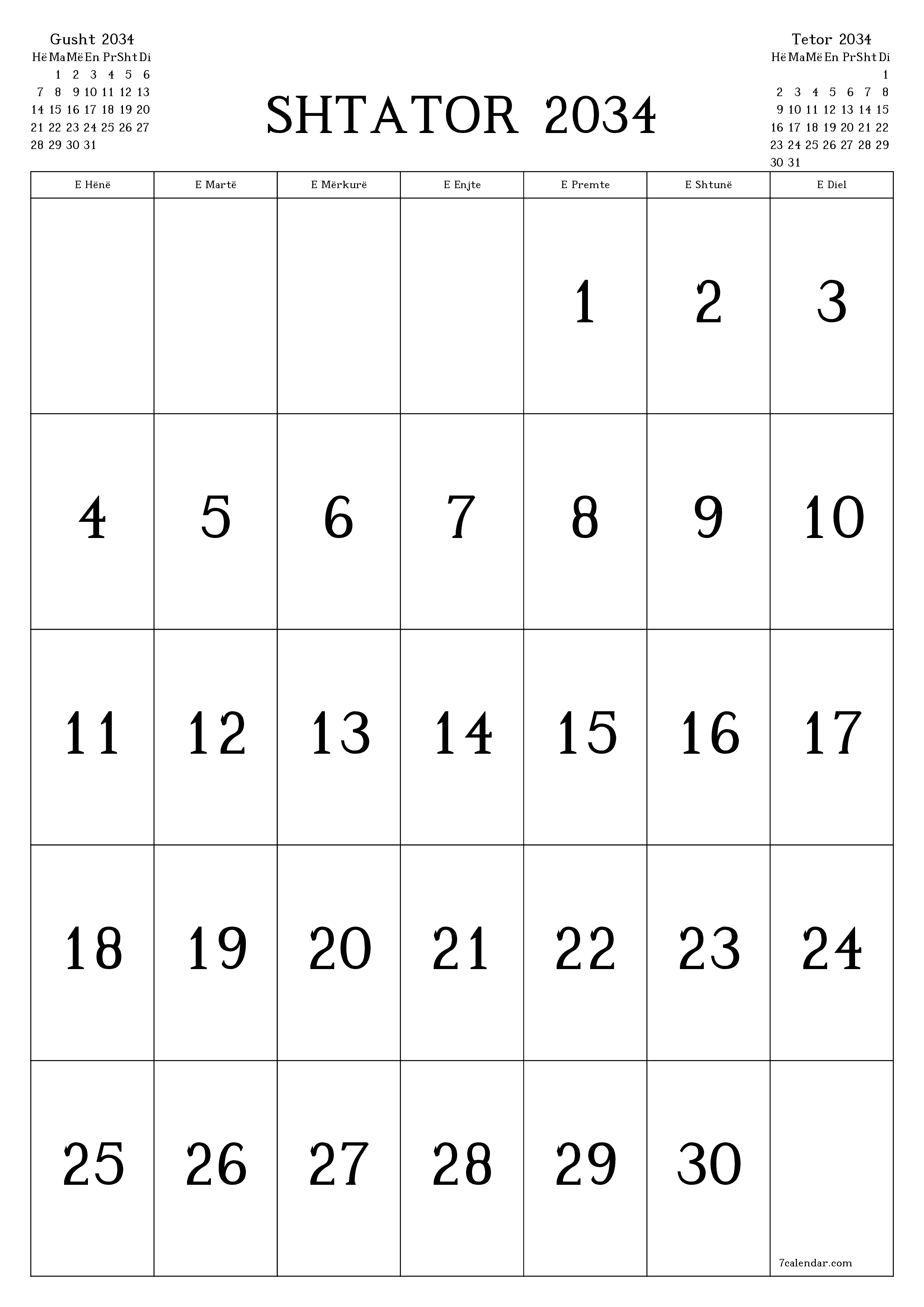  i printueshëm muri shabllon falasvertikale mujore kalendar Shtator (Sht) 2034