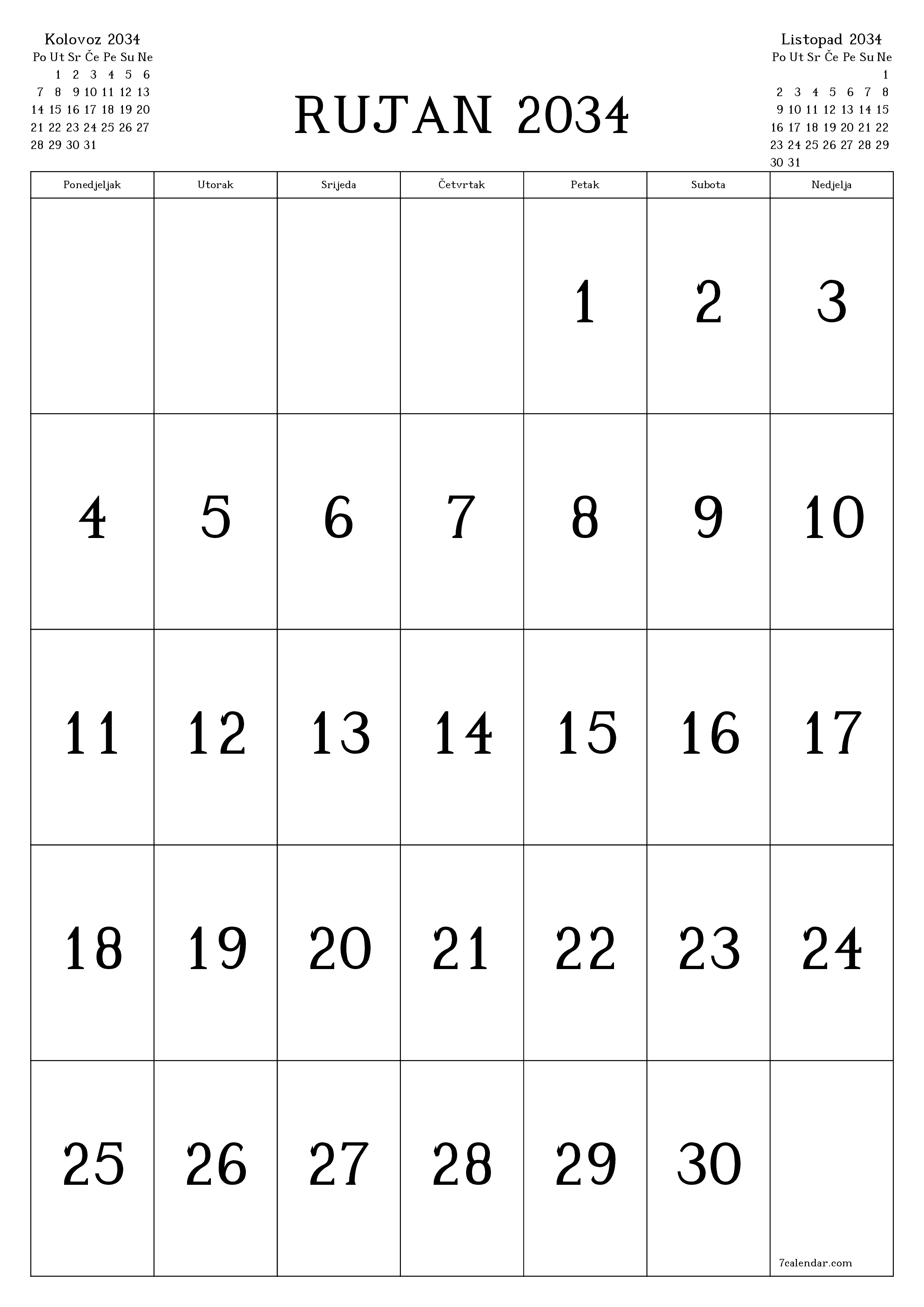  za ispis zidni predložak a besplatni okomito Mjesečni kalendar Rujan (Ruj) 2034