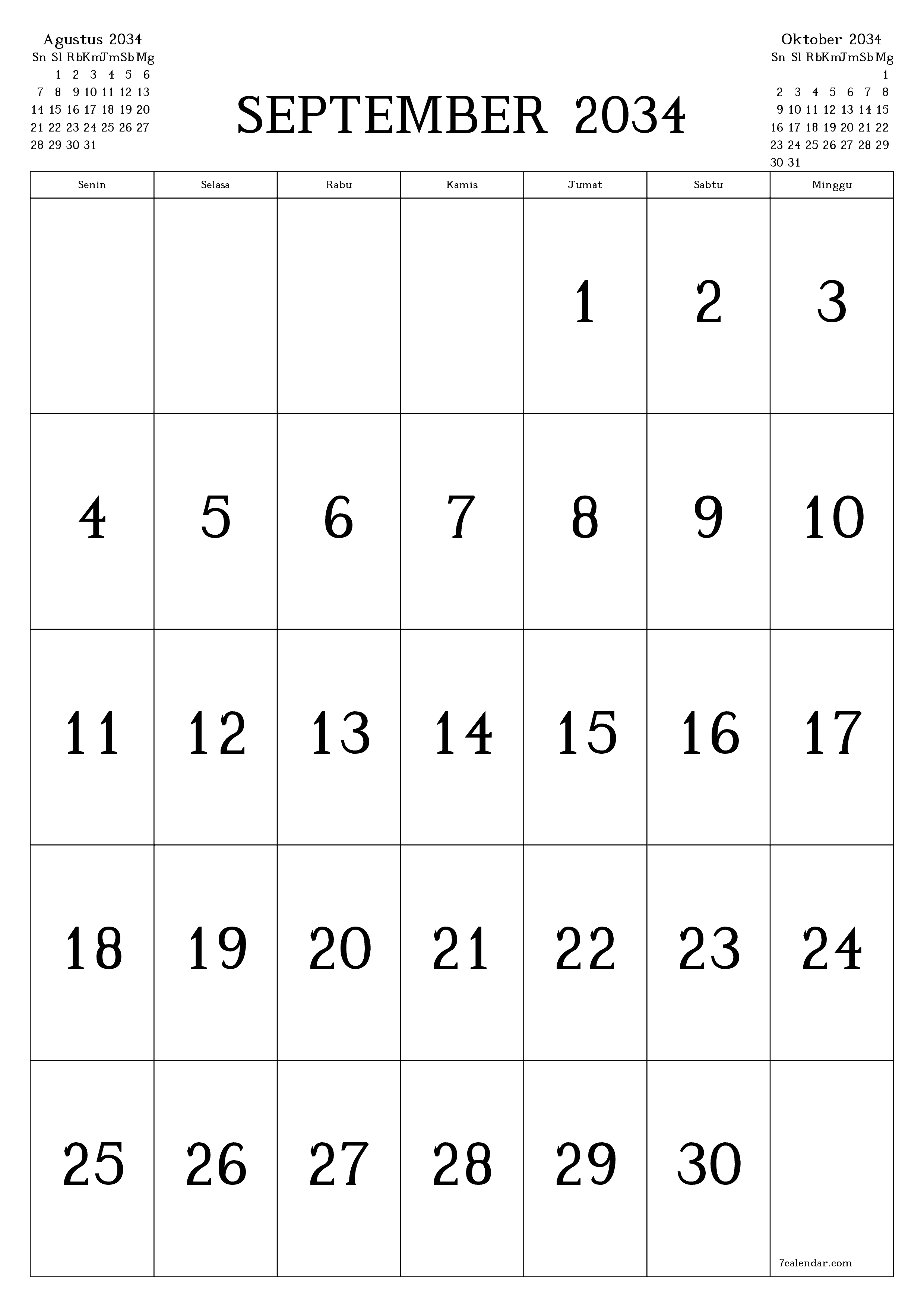 Kosongkan agenda bulanan untuk bulan September 2034 dengan catatan, simpan dan cetak ke PDF PNG Indonesian
