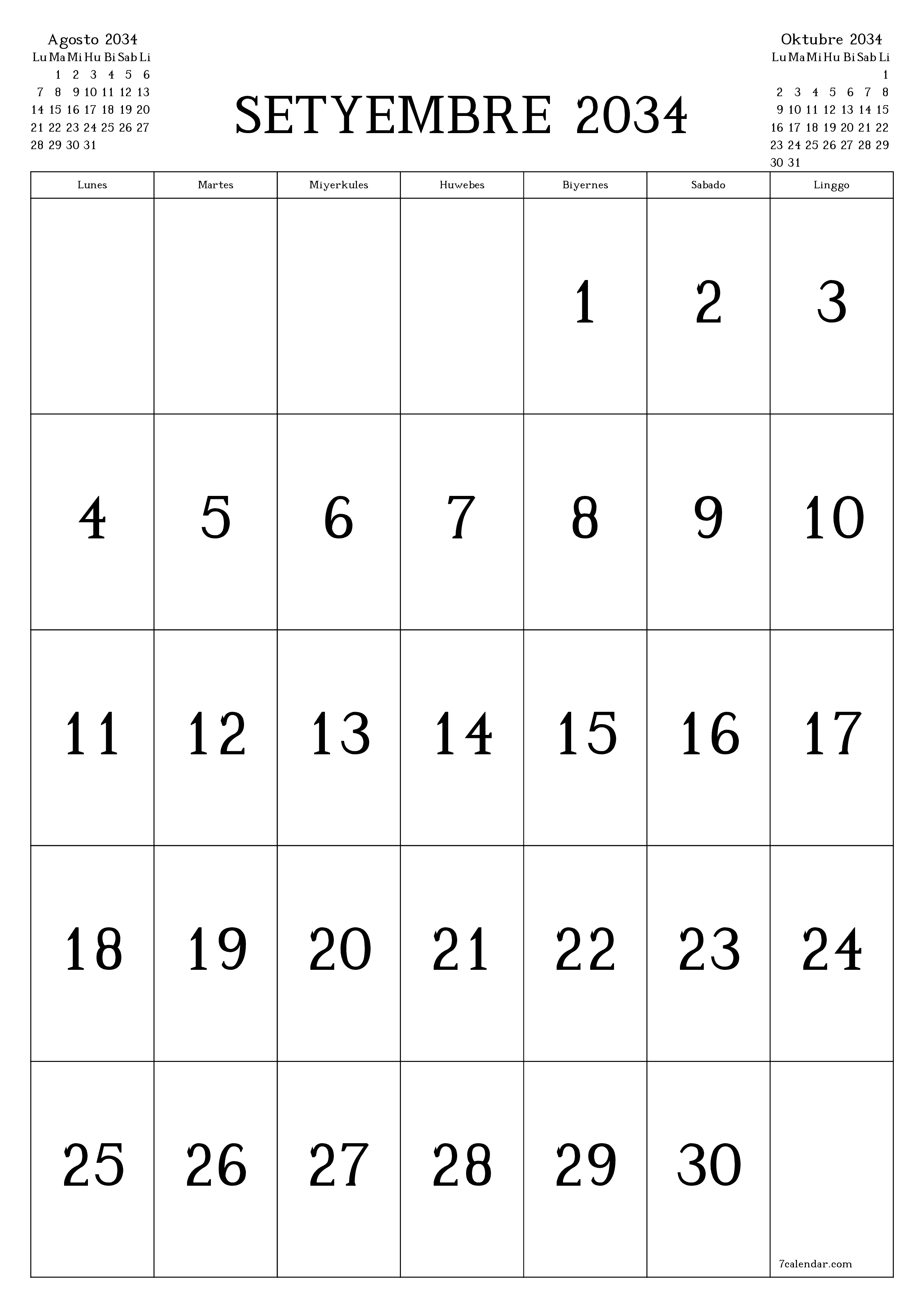napi-print na sa dingding template ng libreng patayo Buwanang kalendaryo Setyembre (Set) 2034