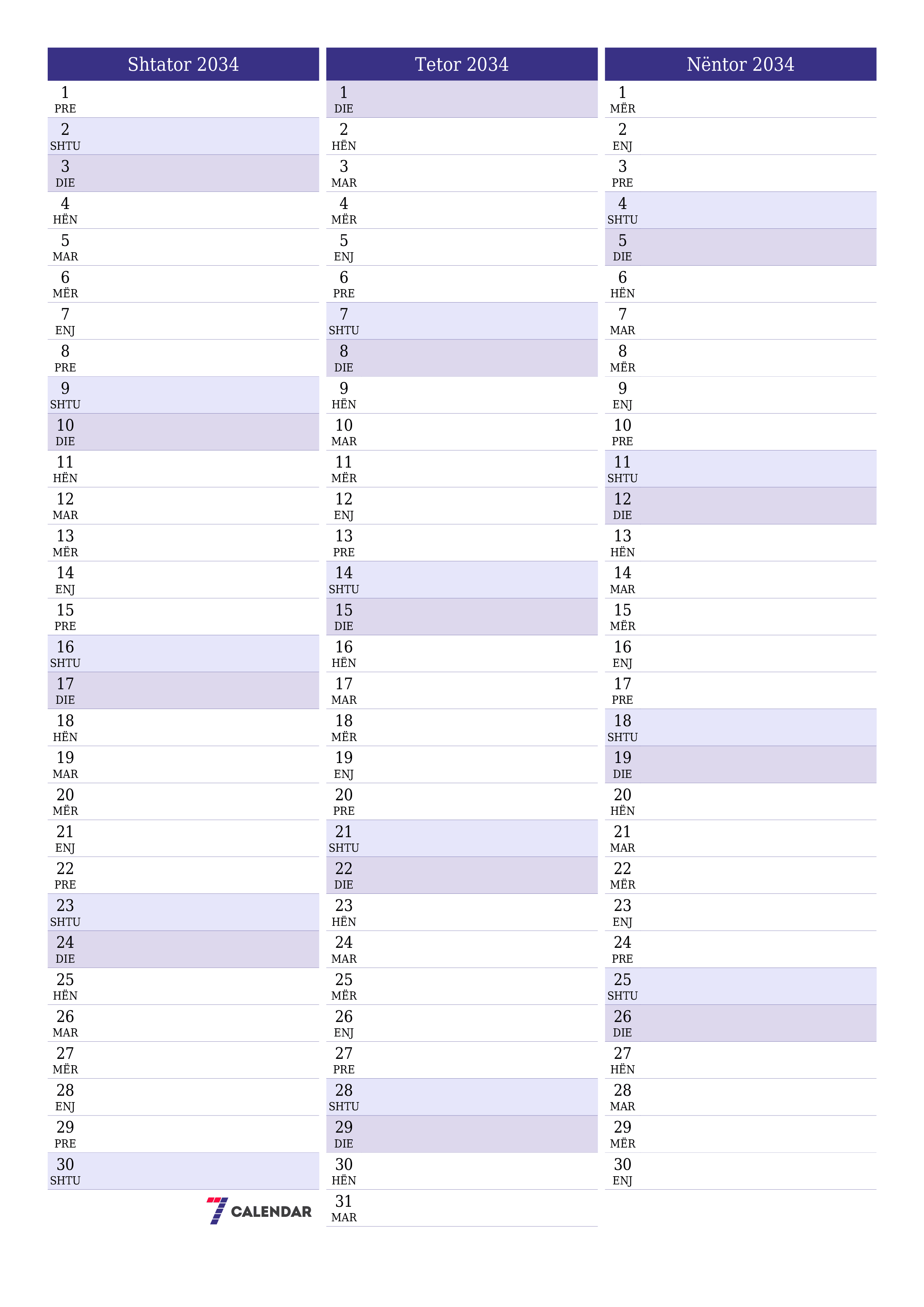 Planifikuesi i zbrazët i kalendarit mujor për muajin Shtator 2034 me shënime të ruajtura dhe të printuara në PDF PNG Albanian