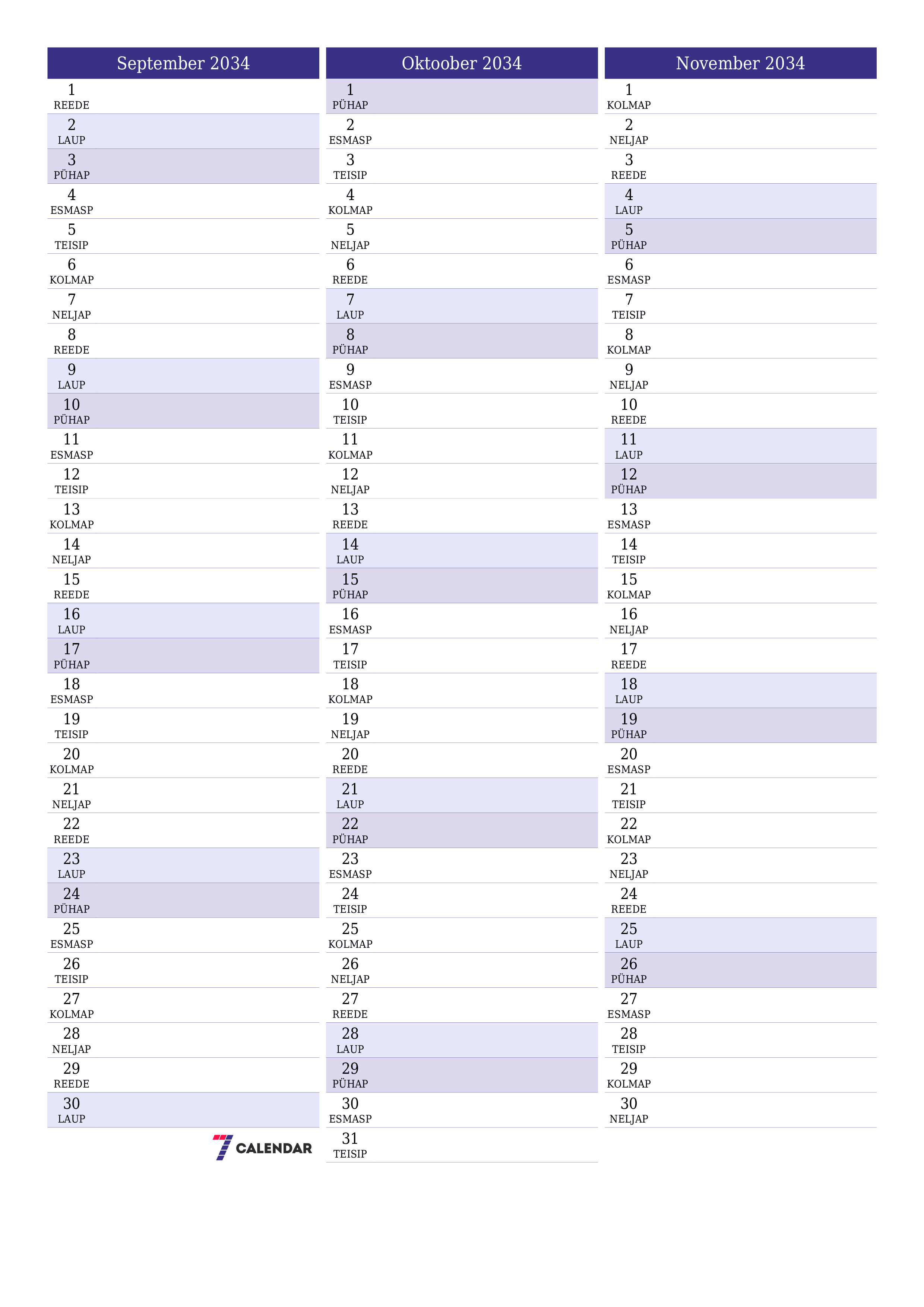 prinditav seina kalendri mall tasuta vertikaalne Igakuine planeerija kalender September (Sept) 2034