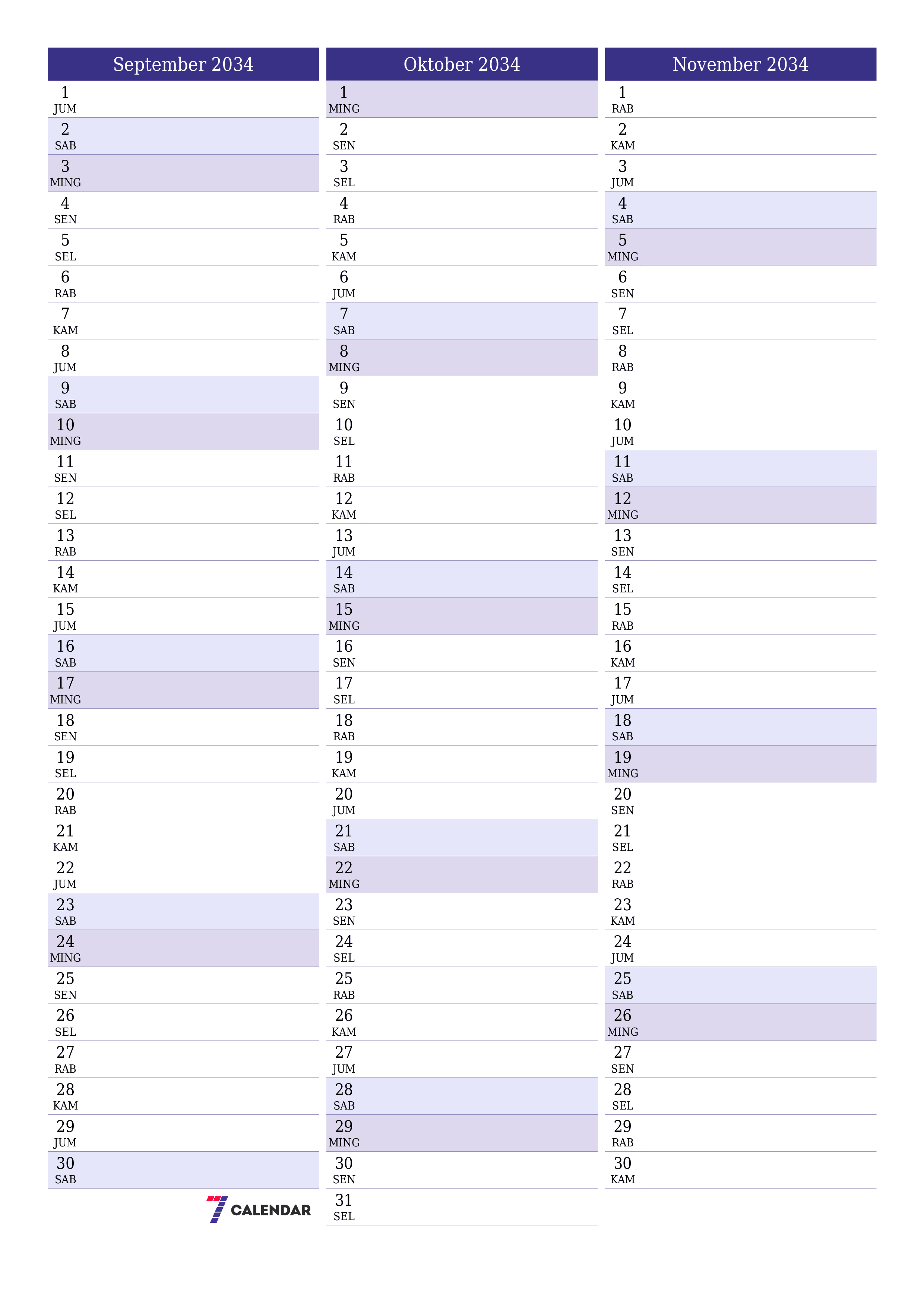  yang dapat dicetak dinding templat gratisvertikal Bulanan perencana kalender September (Sep) 2034