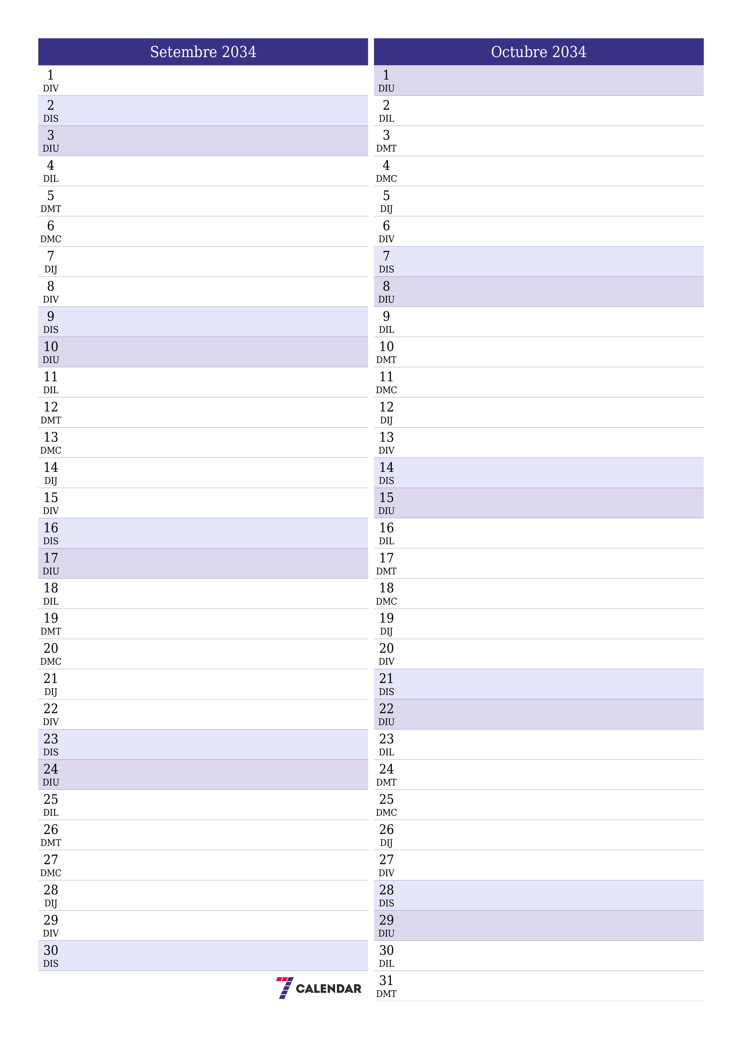  imprimible de paret plantilla de gratuïtvertical Mensual planificador calendari Setembre (Set) 2034