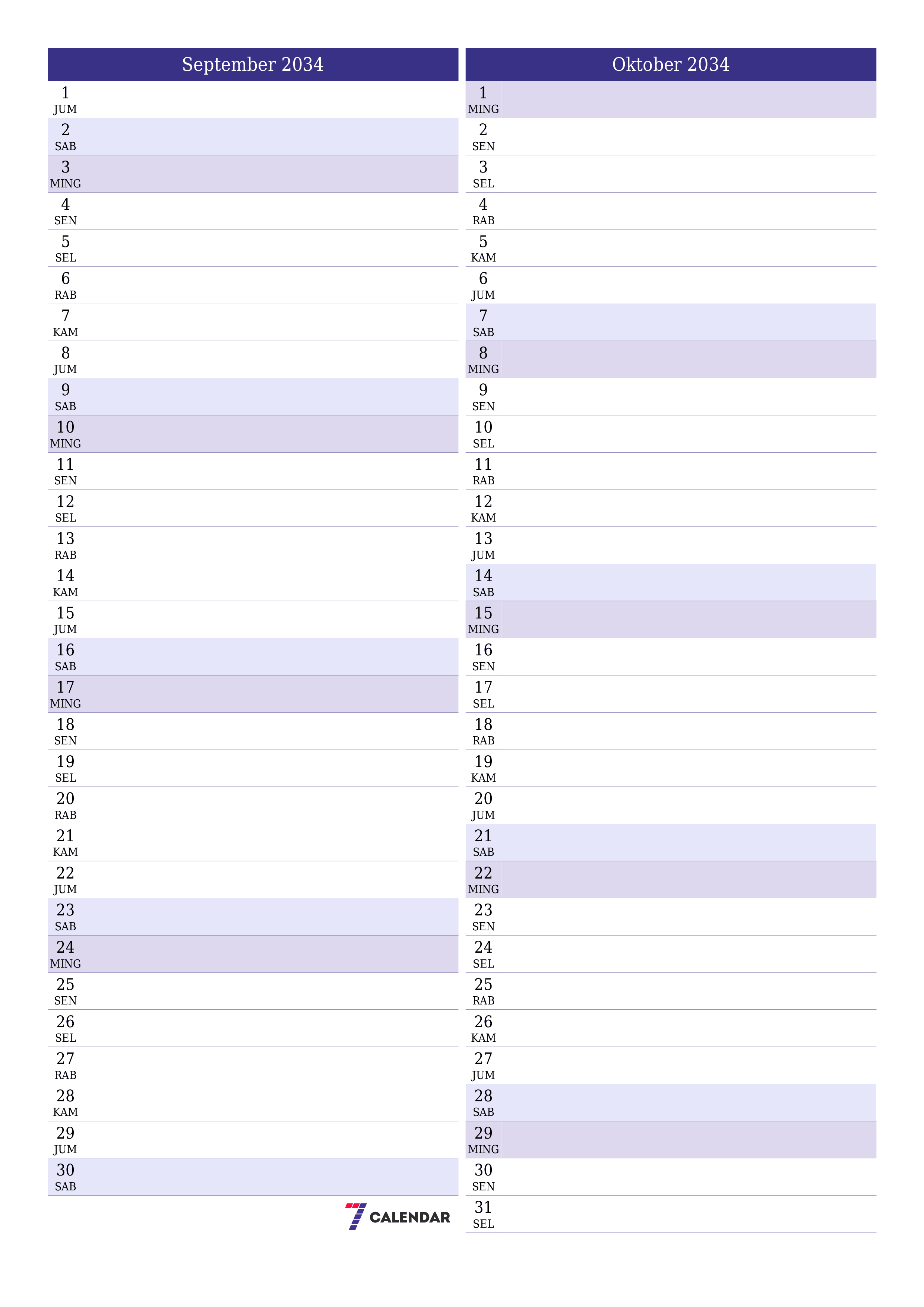 Kosongkan agenda bulanan untuk bulan September 2034 dengan catatan, simpan dan cetak ke PDF PNG Indonesian