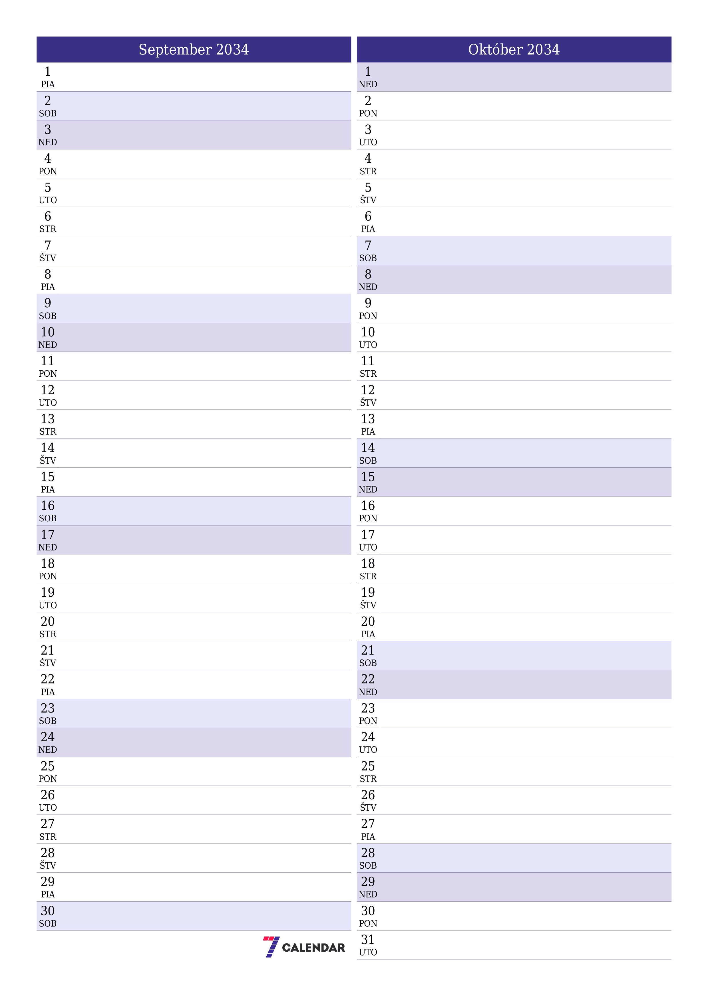 vytlačiteľný nástenný šablóna a bezplatný вертикальный Mesačne plánovač kalendár September (Sep) 2034