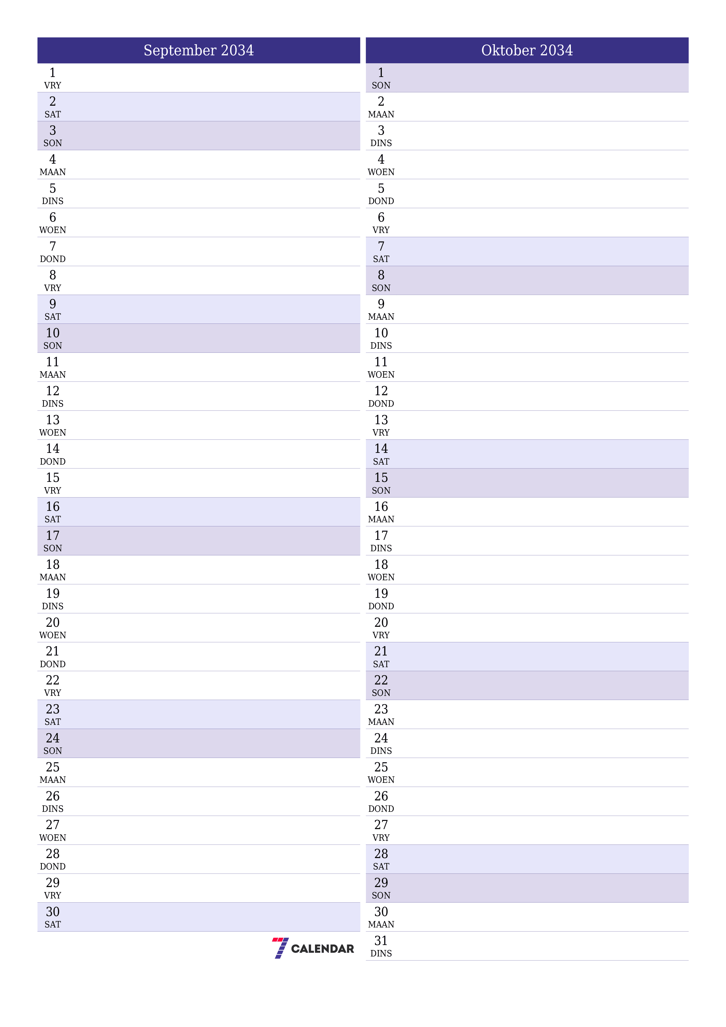 drukbare muur template gratis vertikaal Maandeliks beplanner kalender September (Sep) 2034