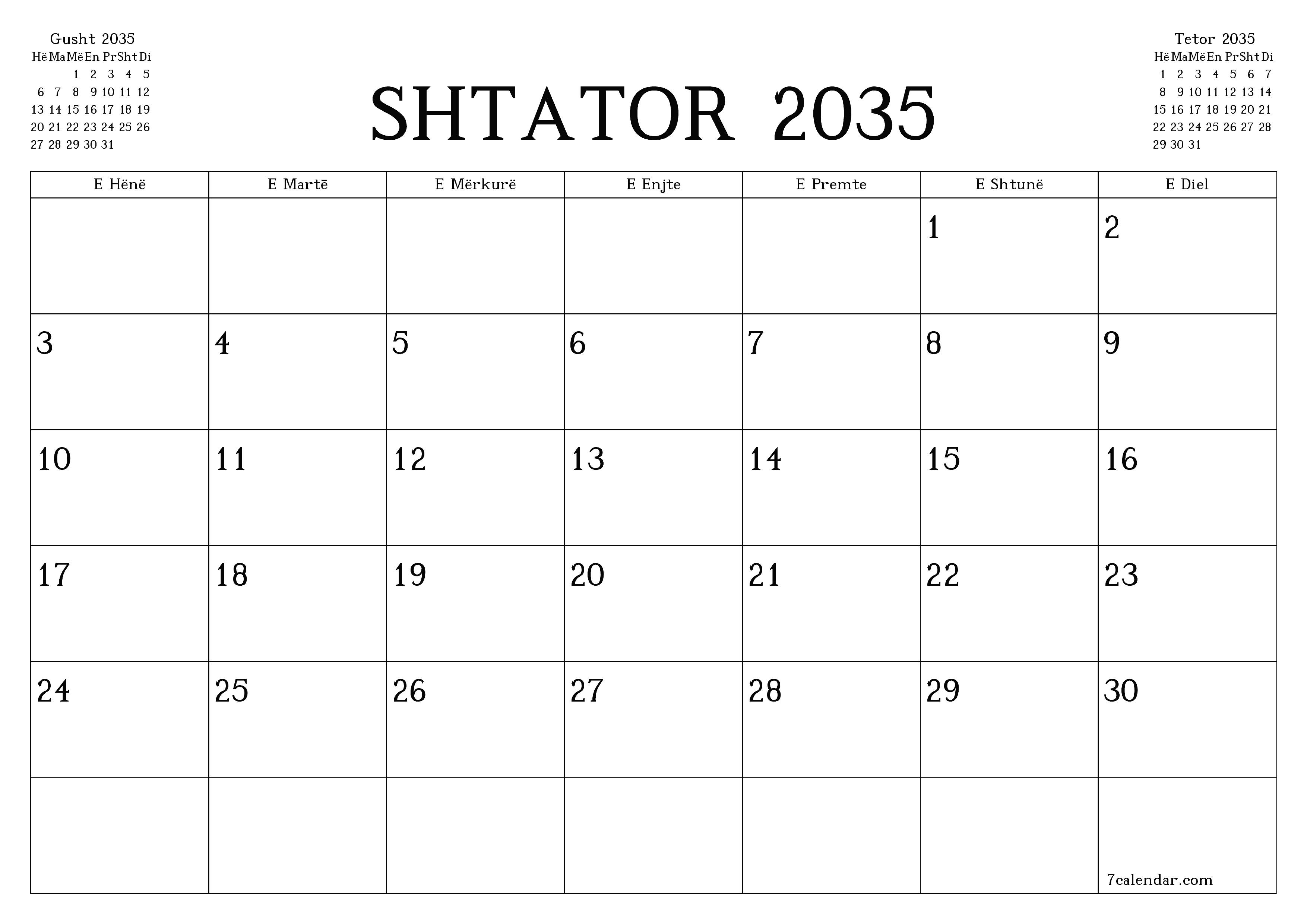 Planifikuesi i zbrazët i kalendarit mujor për muajin Shtator 2035 me shënime të ruajtura dhe të printuara në PDF PNG Albanian