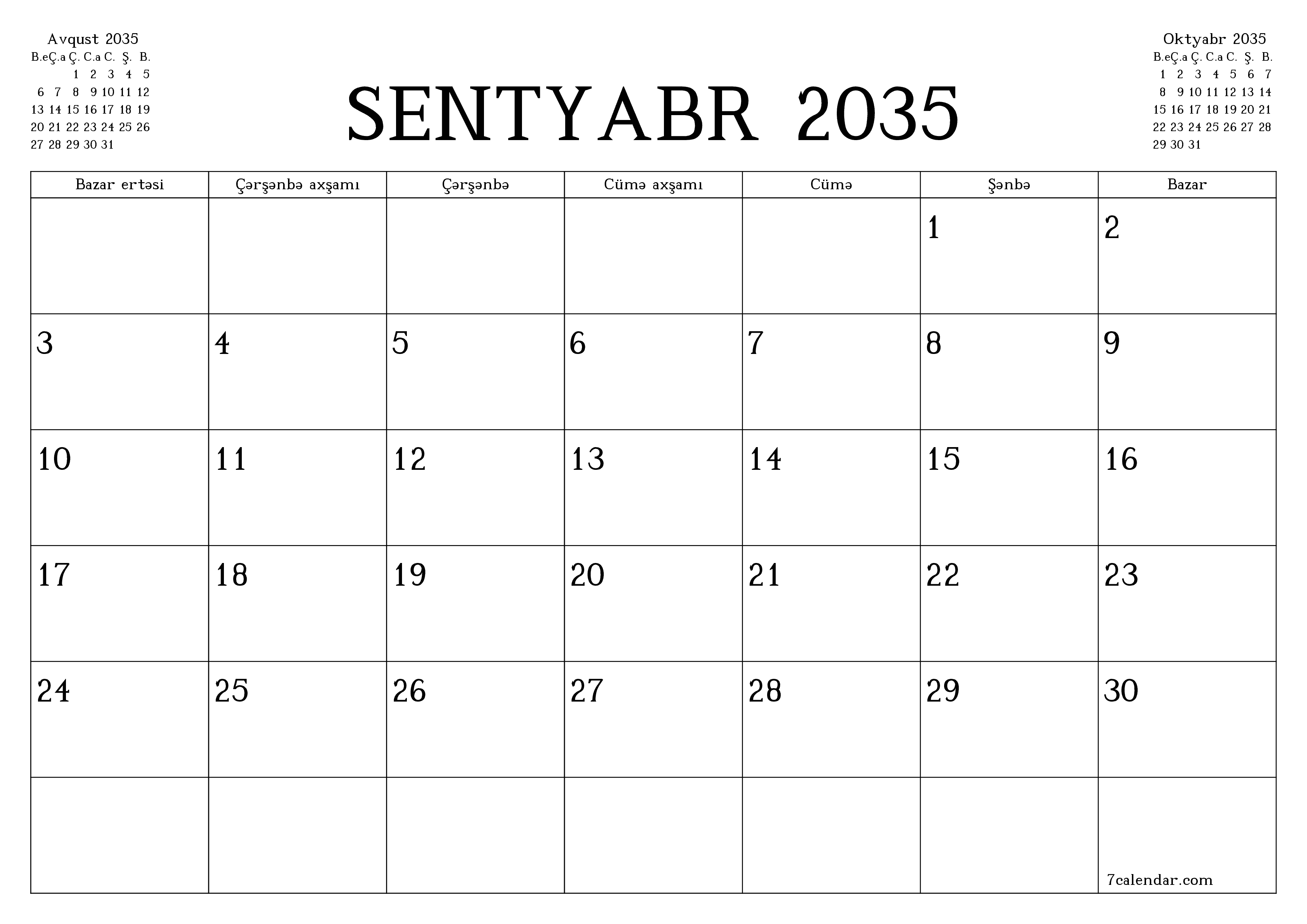 Sentyabr 2035 ayı üçün qeydlər ilə boş aylıq planlayıcı, qeyd edin və PDF-ə yazdırın PNG Azerbaijani