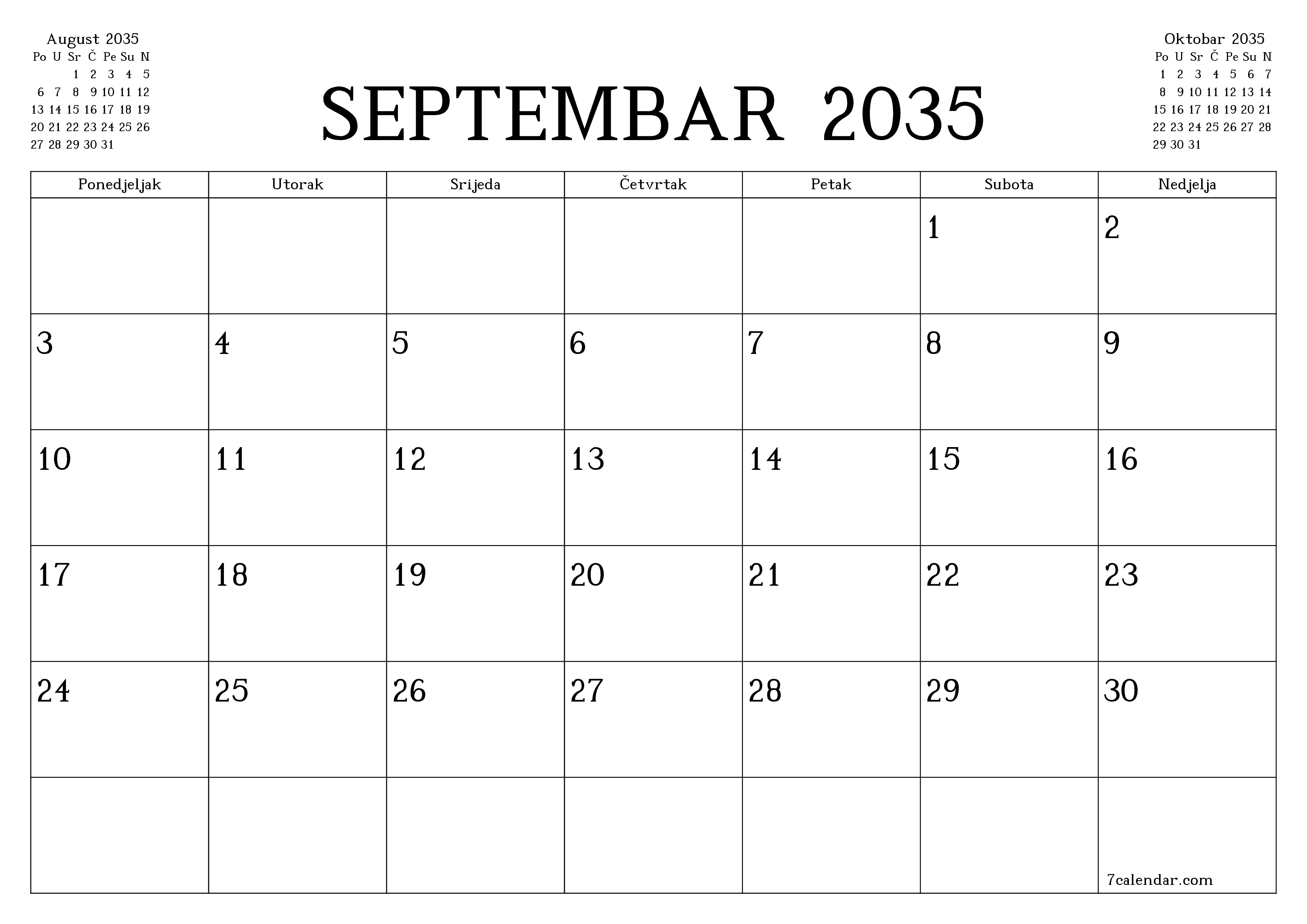 Ispraznite mjesečni planer za mjesec Septembar 2035 s bilješkama, spremite i ispišite u PDF PNG Bosnian