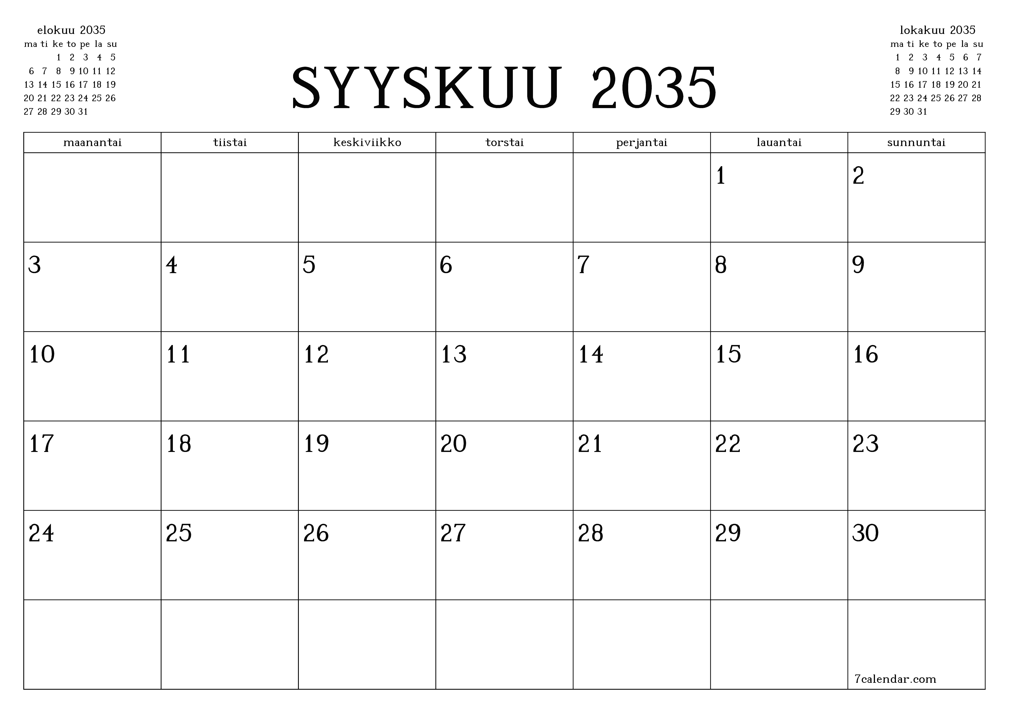Tyhjennä kuukausittainen suunnittelija kuukaudelle Syyskuu 2035 muistiinpanoilla, tallenna ja tulosta PDF-muotoon PNG Finnish