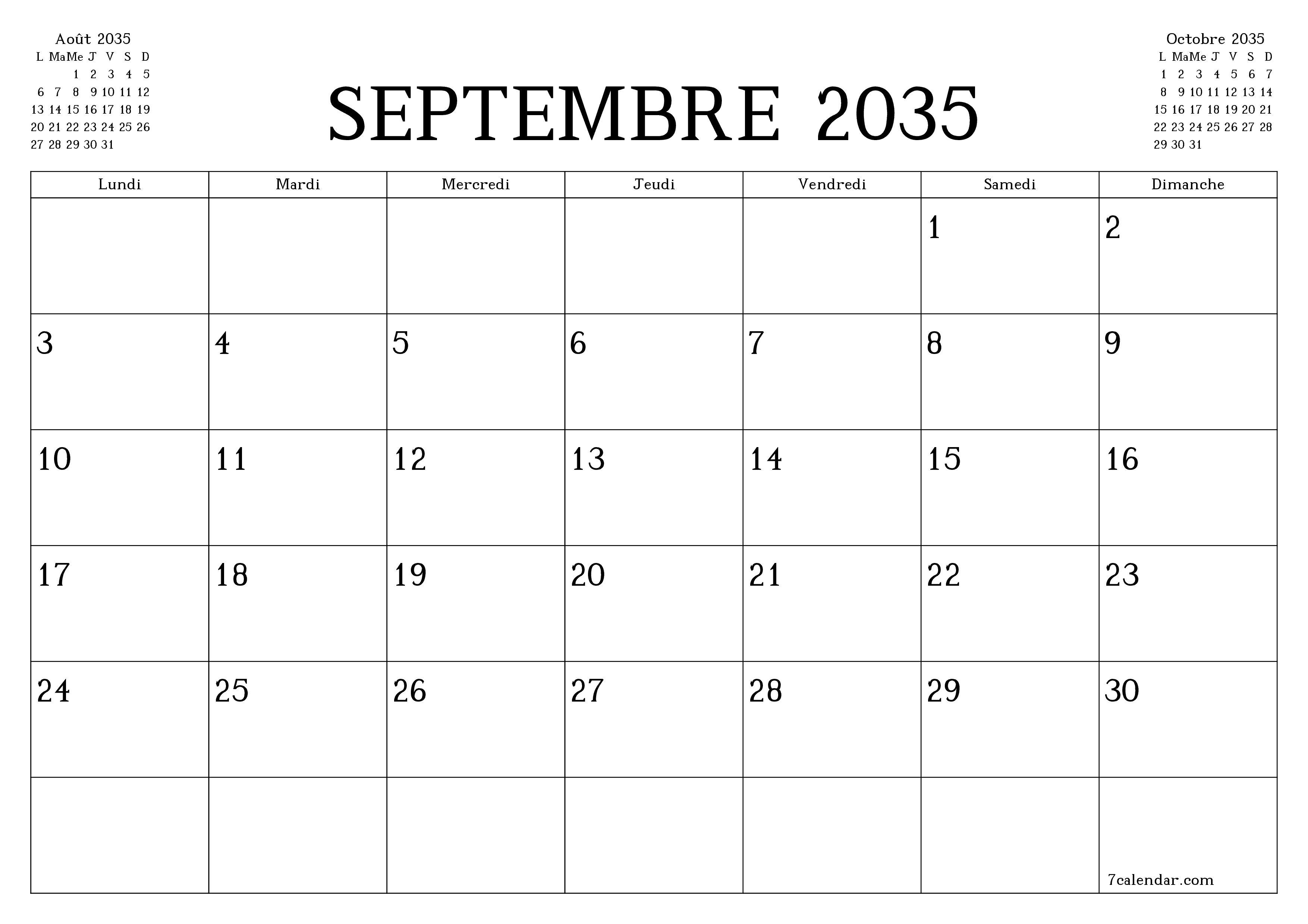 Agenda mensuel vide pour le mois Septembre 2035 avec notes, enregistrez et imprimez au format PDF PNG French
