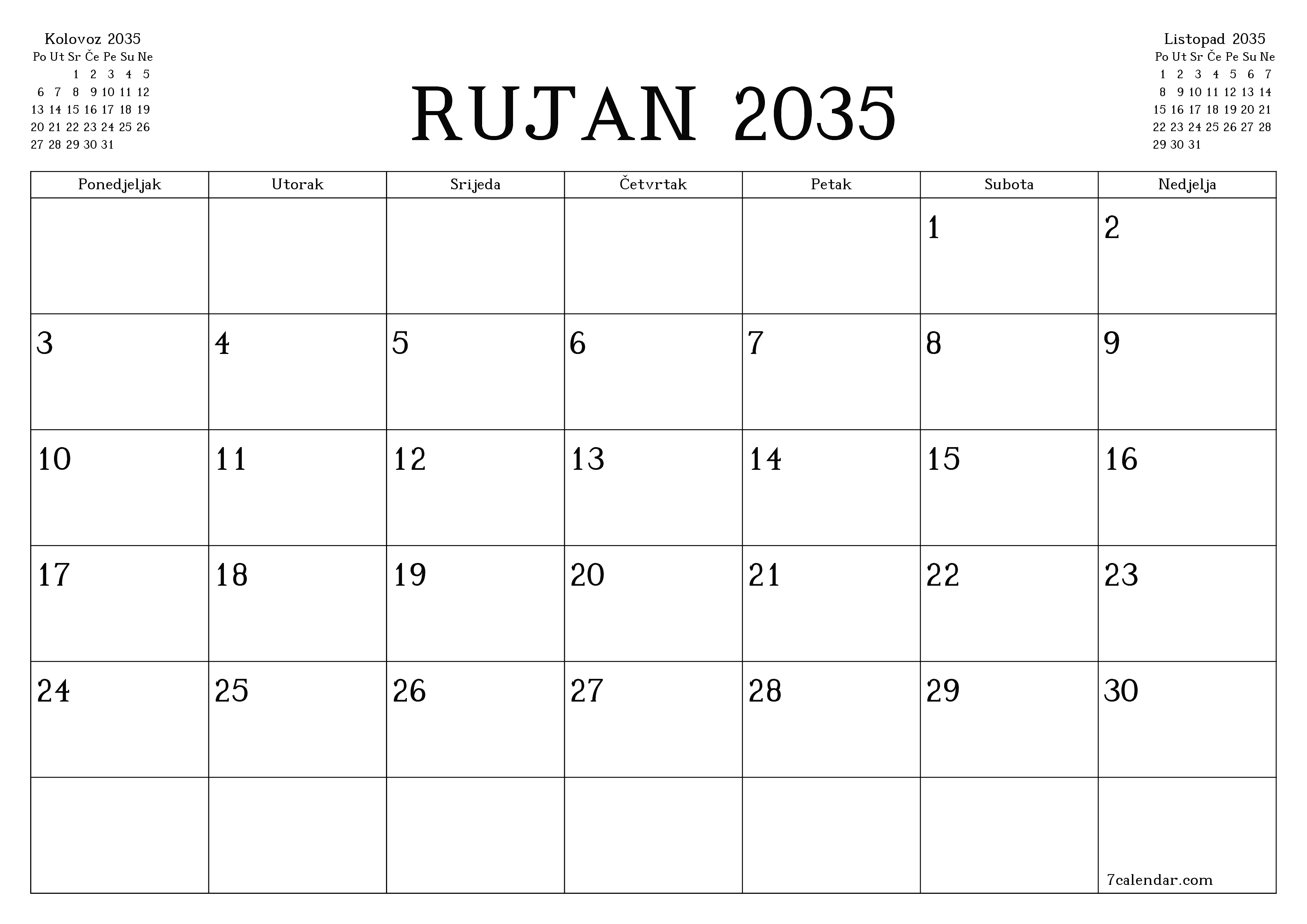 Ispraznite mjesečni planer za mjesec Rujan 2035 s bilješkama, spremite i ispišite u PDF PNG Croatian