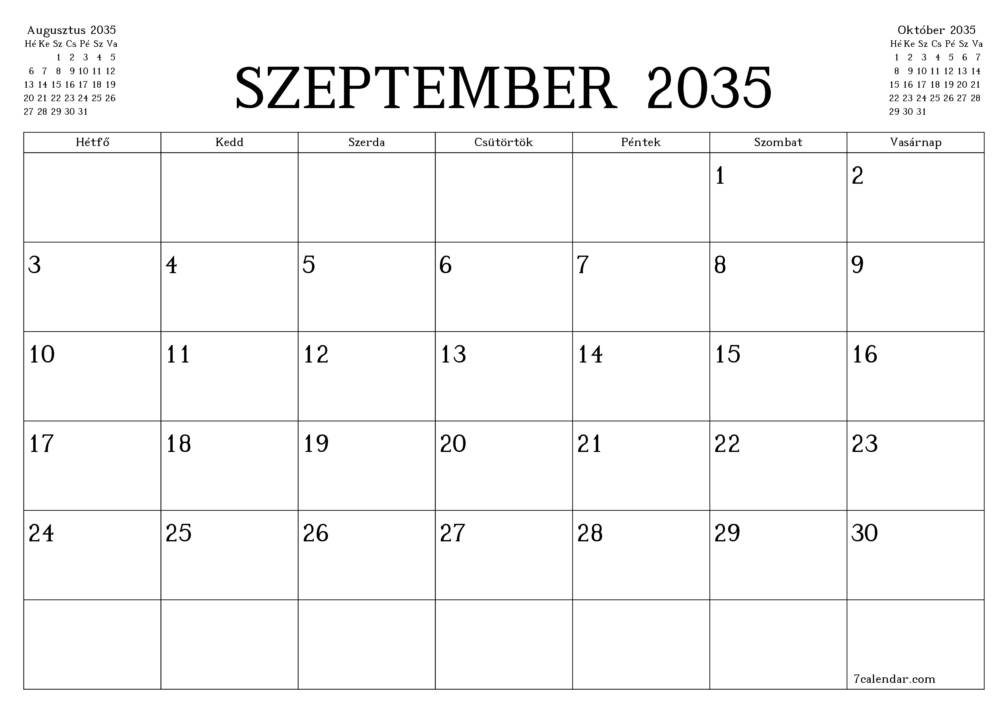 Üres havi tervező a Szeptember 2035 hónapra jegyzetekkel, mentés és nyomtatás PDF-be PNG Hungarian