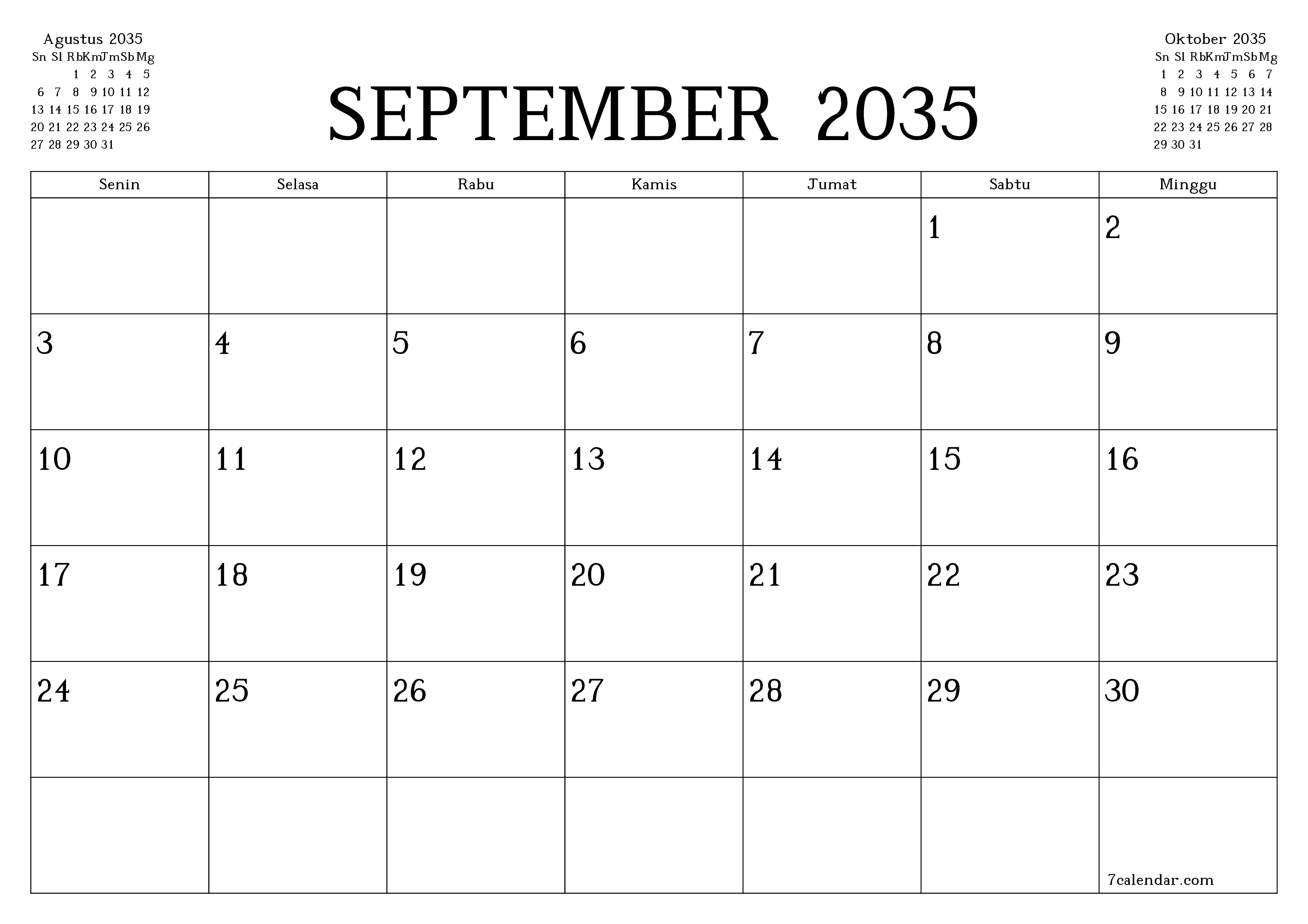 Kosongkan agenda bulanan untuk bulan September 2035 dengan catatan, simpan dan cetak ke PDF PNG Indonesian