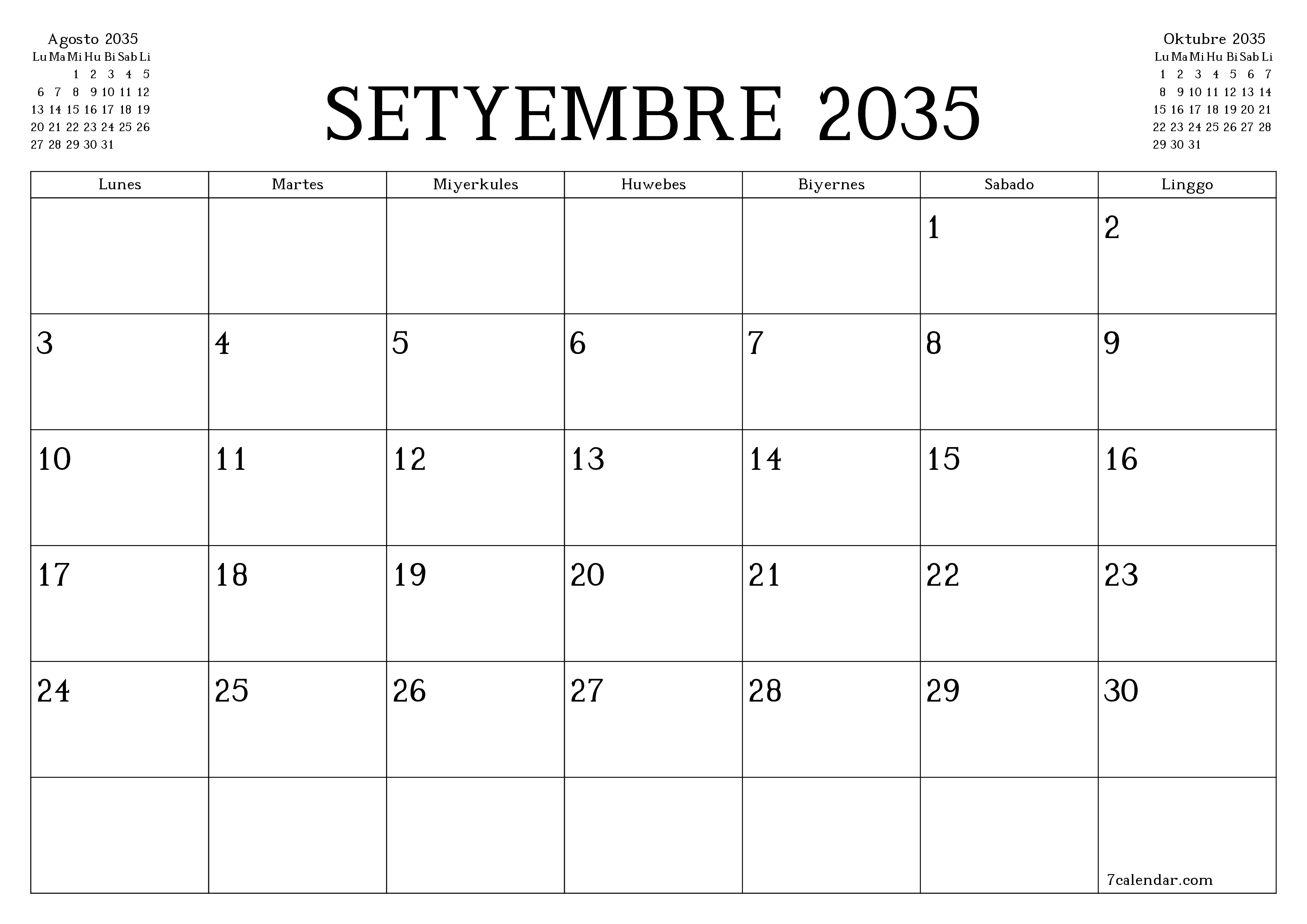 Walang laman na buwanang tagaplano para sa buwan na Setyembre 2035 na may mga tala, i-save at i-print sa PDF PNG Filipino