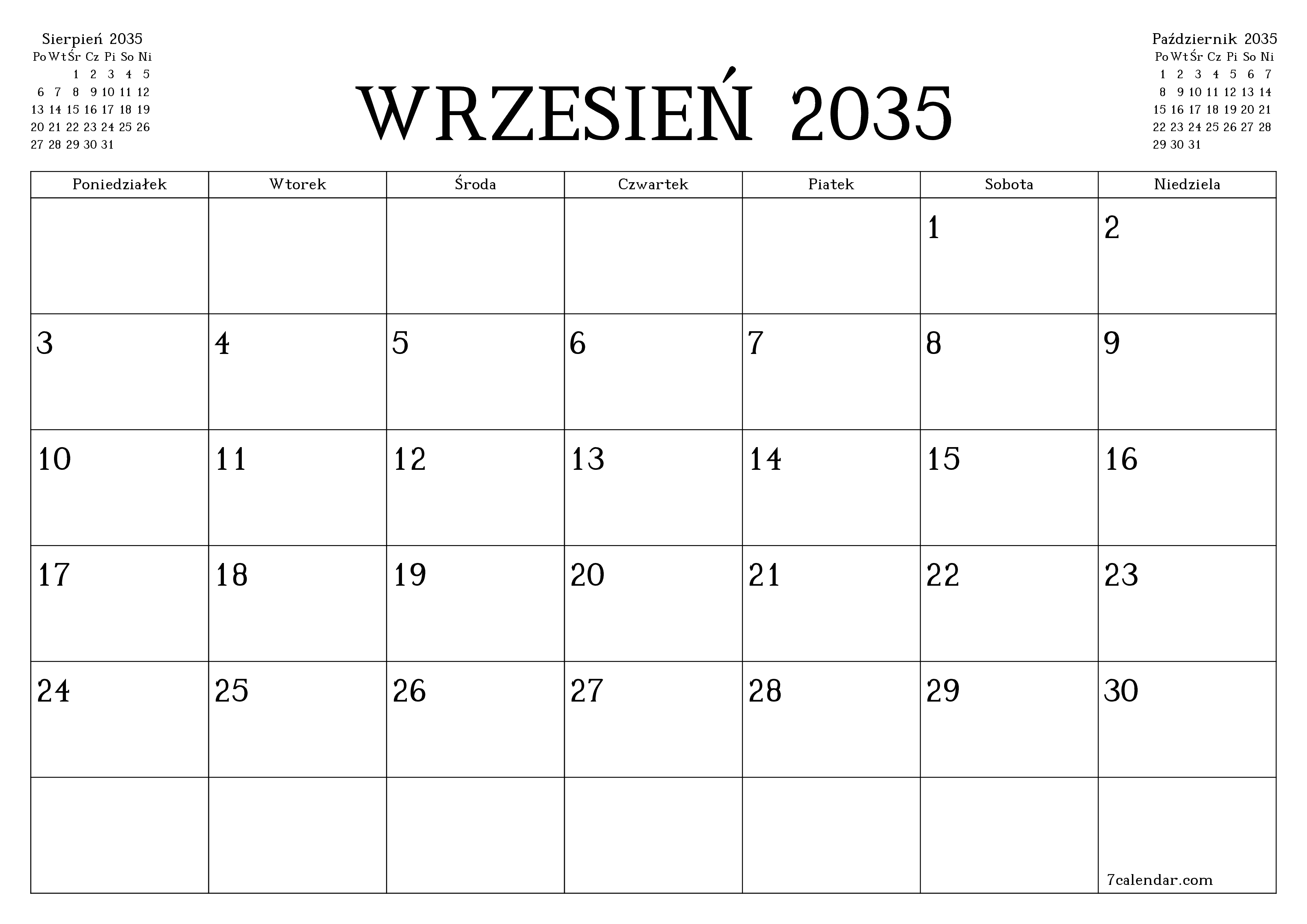 Opróżnij miesięczny planer na miesiąc Wrzesień 2035 z notatkami, zapisz i wydrukuj w formacie PDF PNG Polish