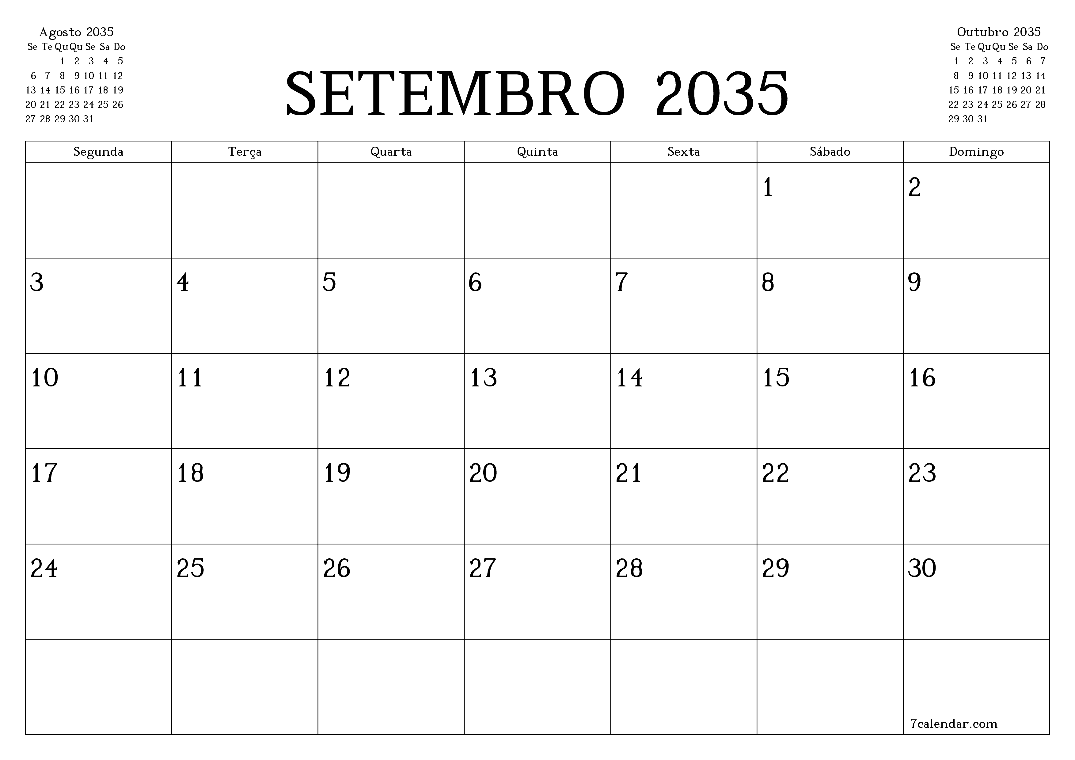 Esvazie o planejador mensal para o mês Setembro 2035 com notas, salve e imprima em PDF PNG Portuguese