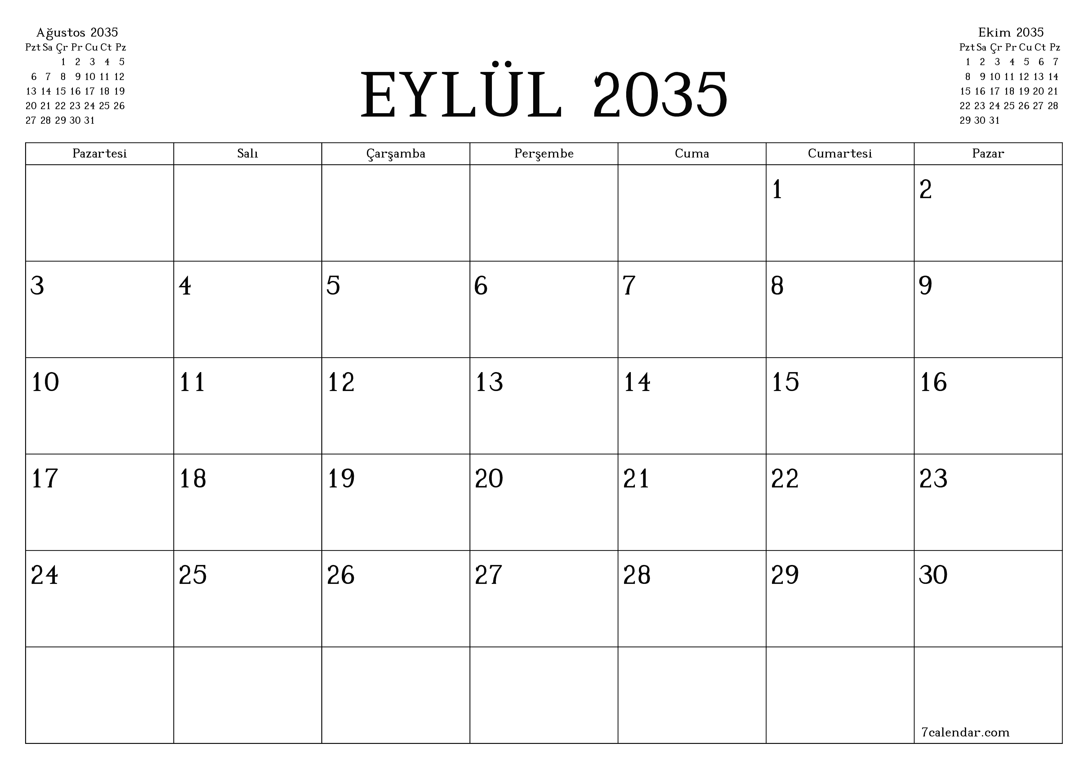 Eylül 2035 ayı için notlarla birlikte boş aylık planlayıcı, kaydedin ve PDF'ye yazdırın PNG Turkish