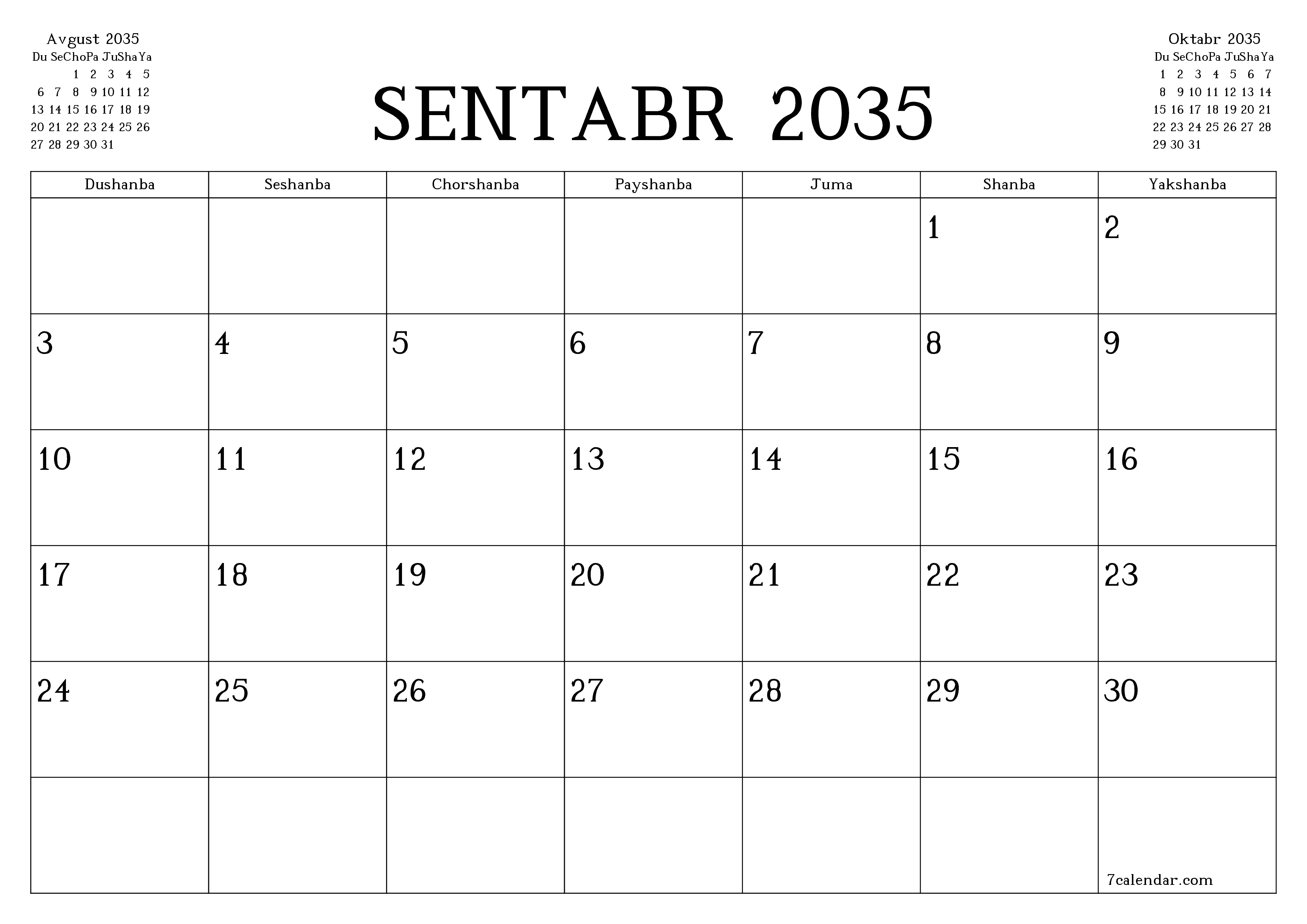Sentabr 2035 oylik oylik rejalashtiruvchini yozuvlar bilan bo'shatish, saqlash va PDF-ga chop etish PNG Uzbek