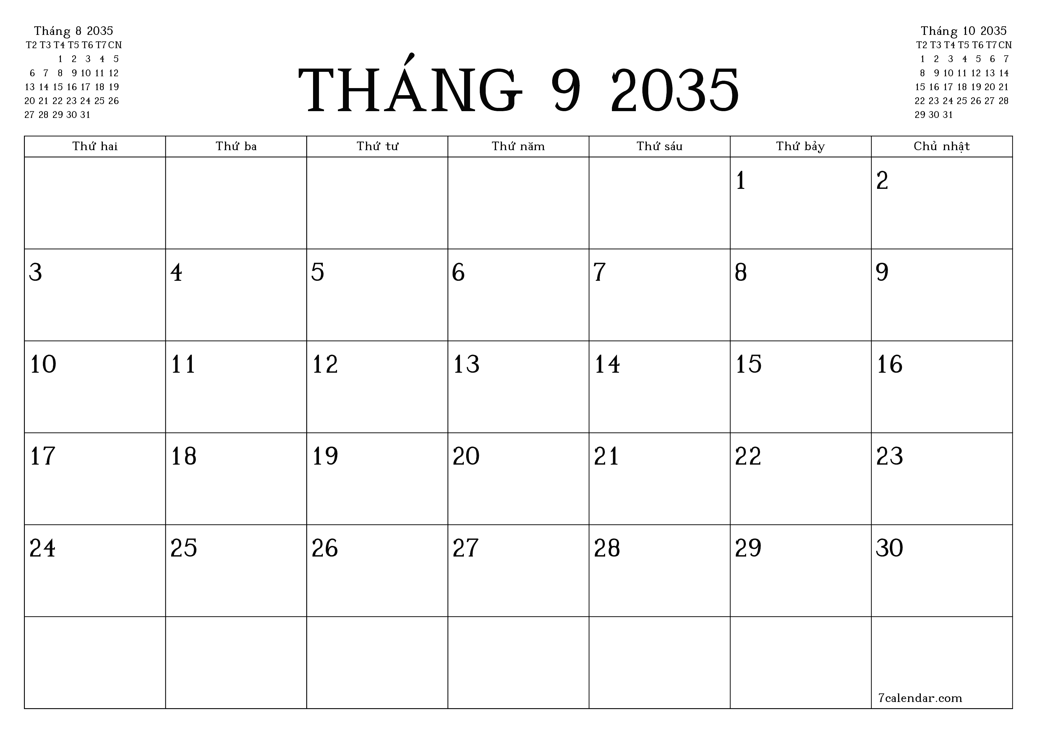 Công cụ lập kế hoạch hàng tháng trống cho tháng Tháng 9 2035 có ghi chú, lưu và in sang PDF PNG Vietnamese