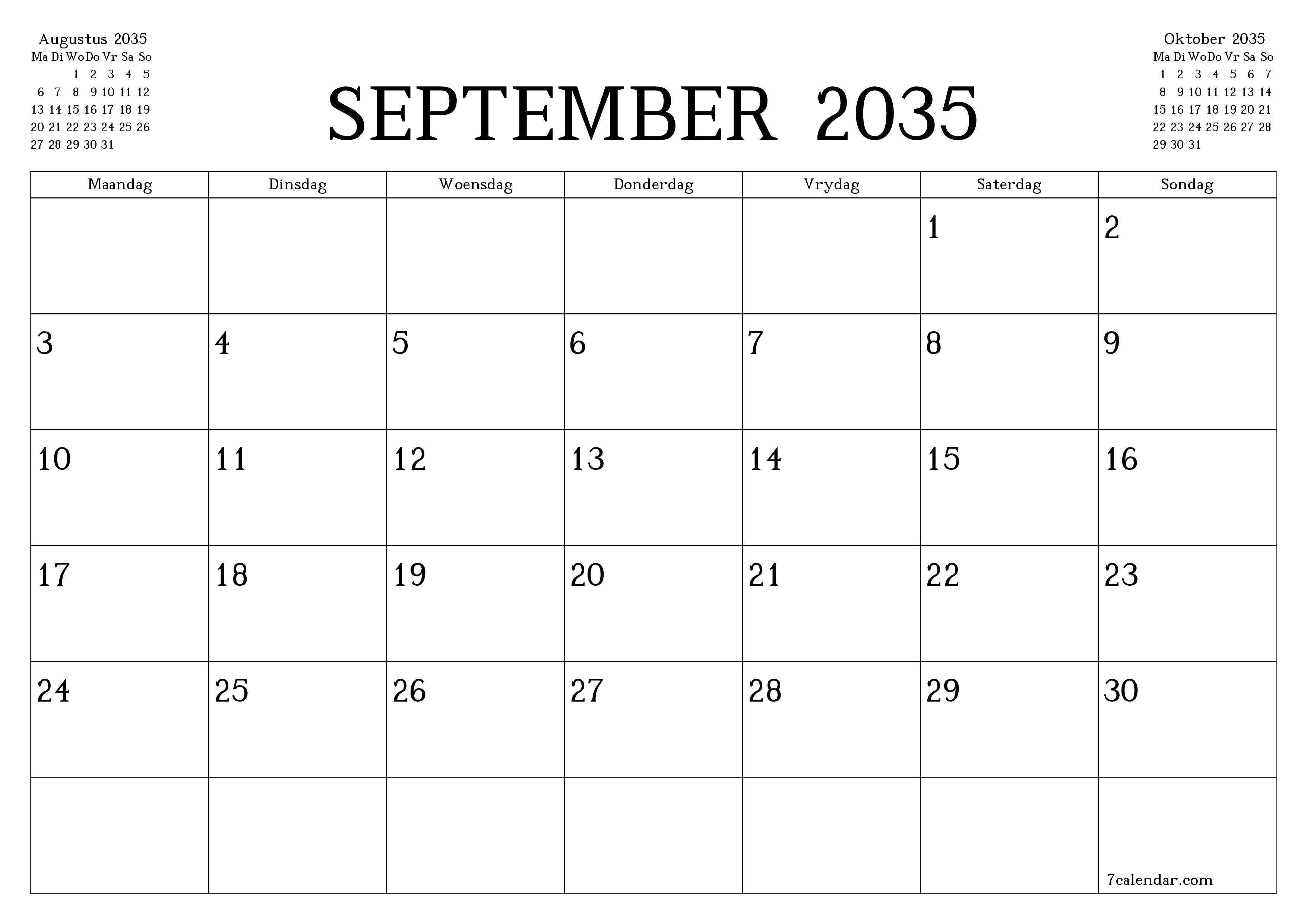 Leë maandelikse drukbare kalender en beplanner vir maand September 2035 met notas stoor en druk na PDF PNG Afrikaans